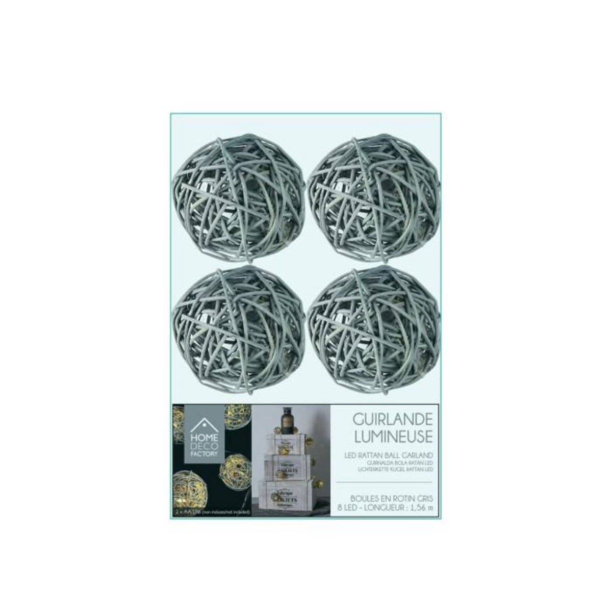 Paris Prix Guirlande Lumineuse 8 LED  Boule Rotin  156cm Gris