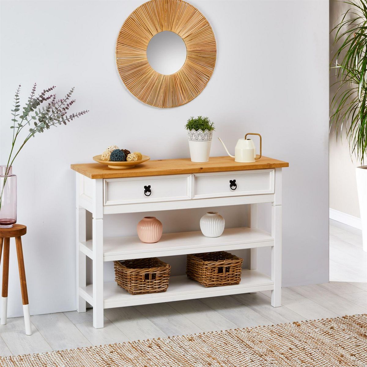 IDIMEX Table console en pin TEQUILA style mexicain, 1 tiroir et 2 étagères