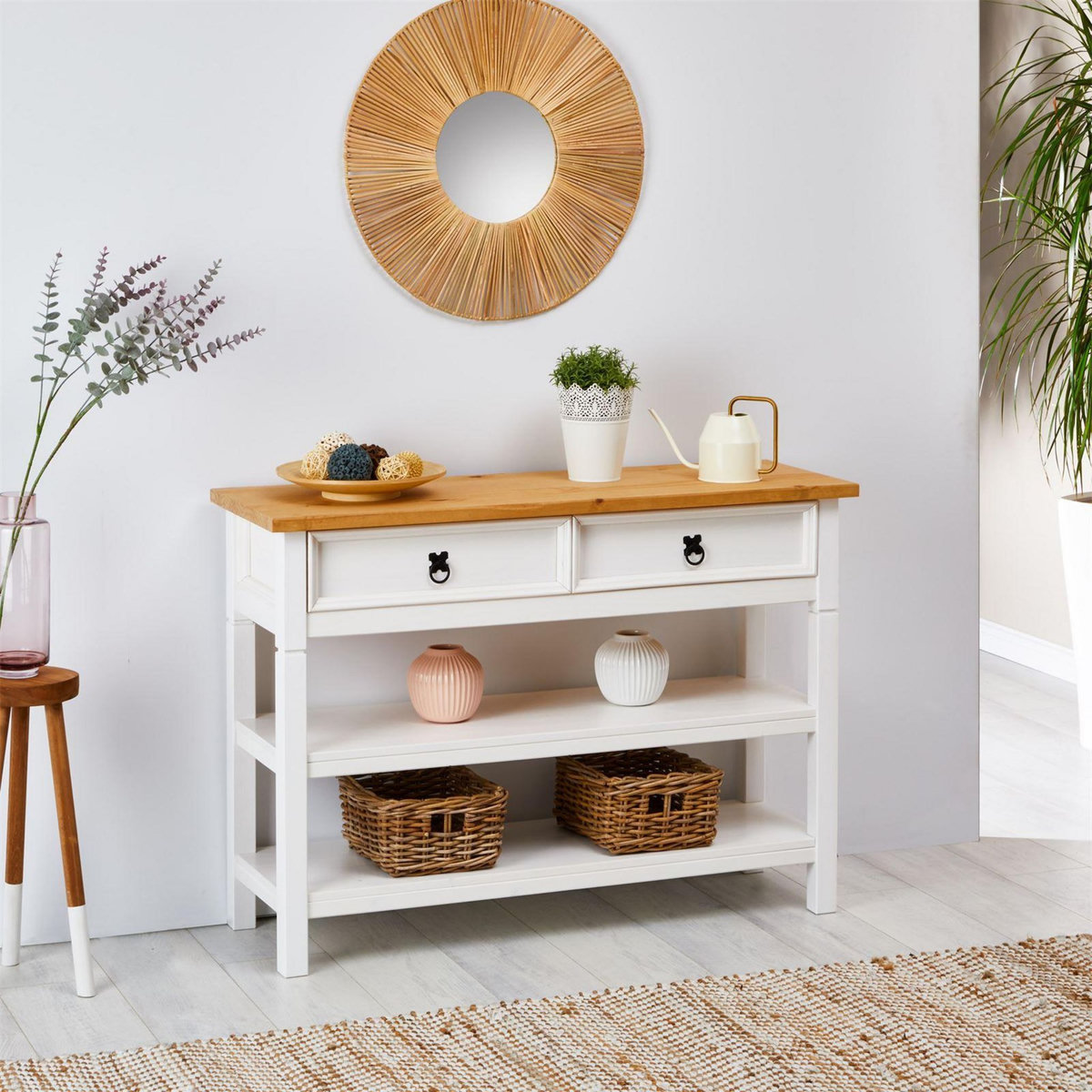 IDIMEX Table console en pin TEQUILA style mexicain, 1 tiroir et 2 étagères