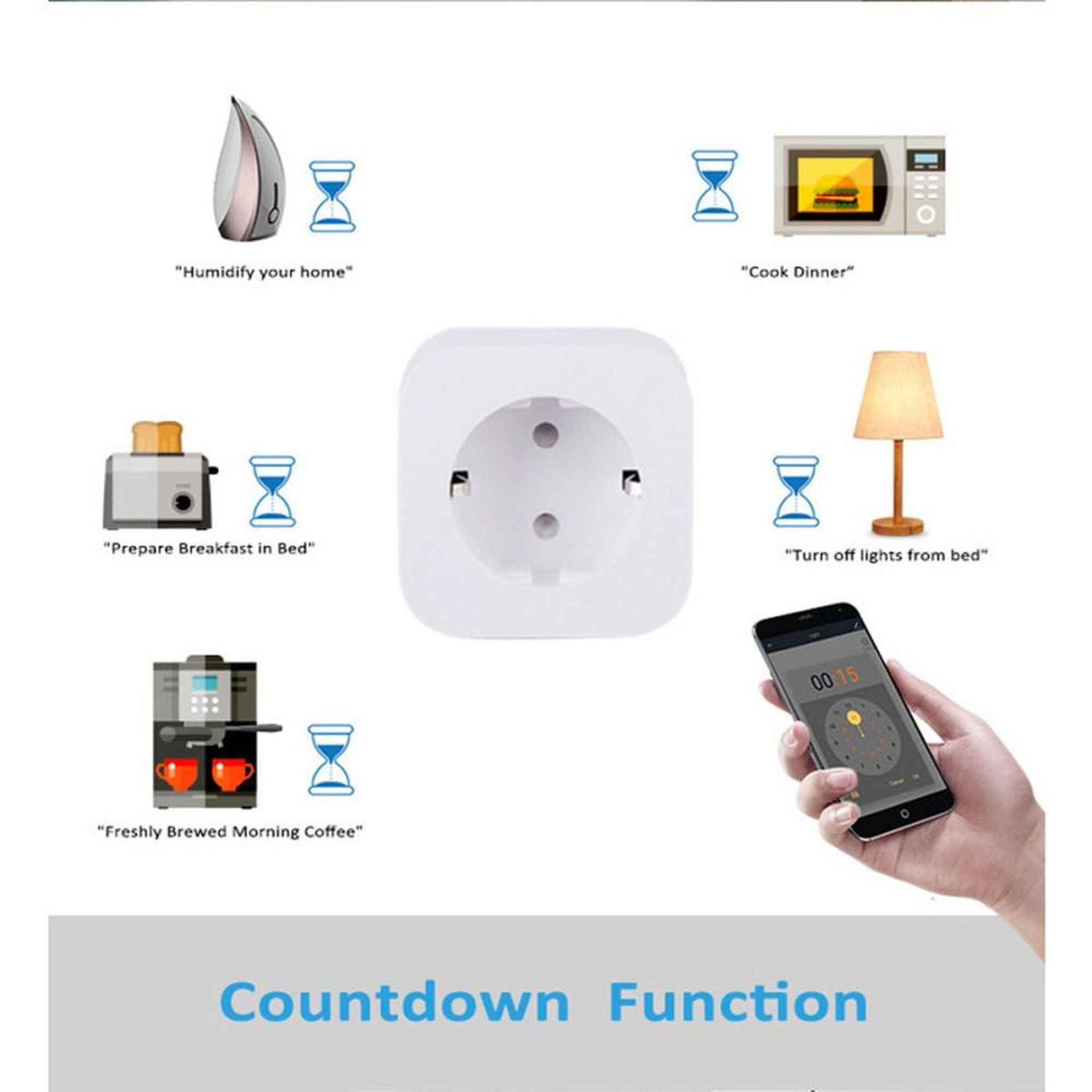 Voir la diapositive 3 : Prise connectée Wi‑Fi Mini 16 A 2,4 GHz commande vocale Alexa/Google, application et minuterie