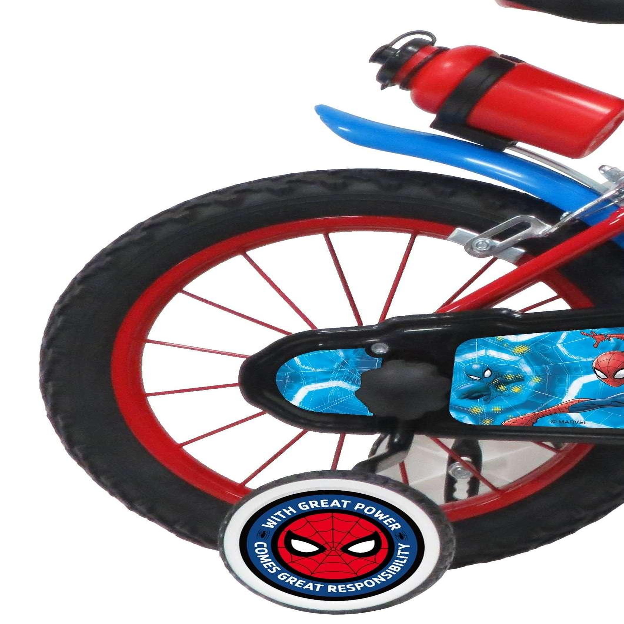 Voir la diapositive 2 : Marvel Vélo enfant - Modèle 14'' Spiderman + Casque pour enfant de 95/110 cm avec stabilisateurs - Plaque décorative avant - Porte bidon - 2 freins