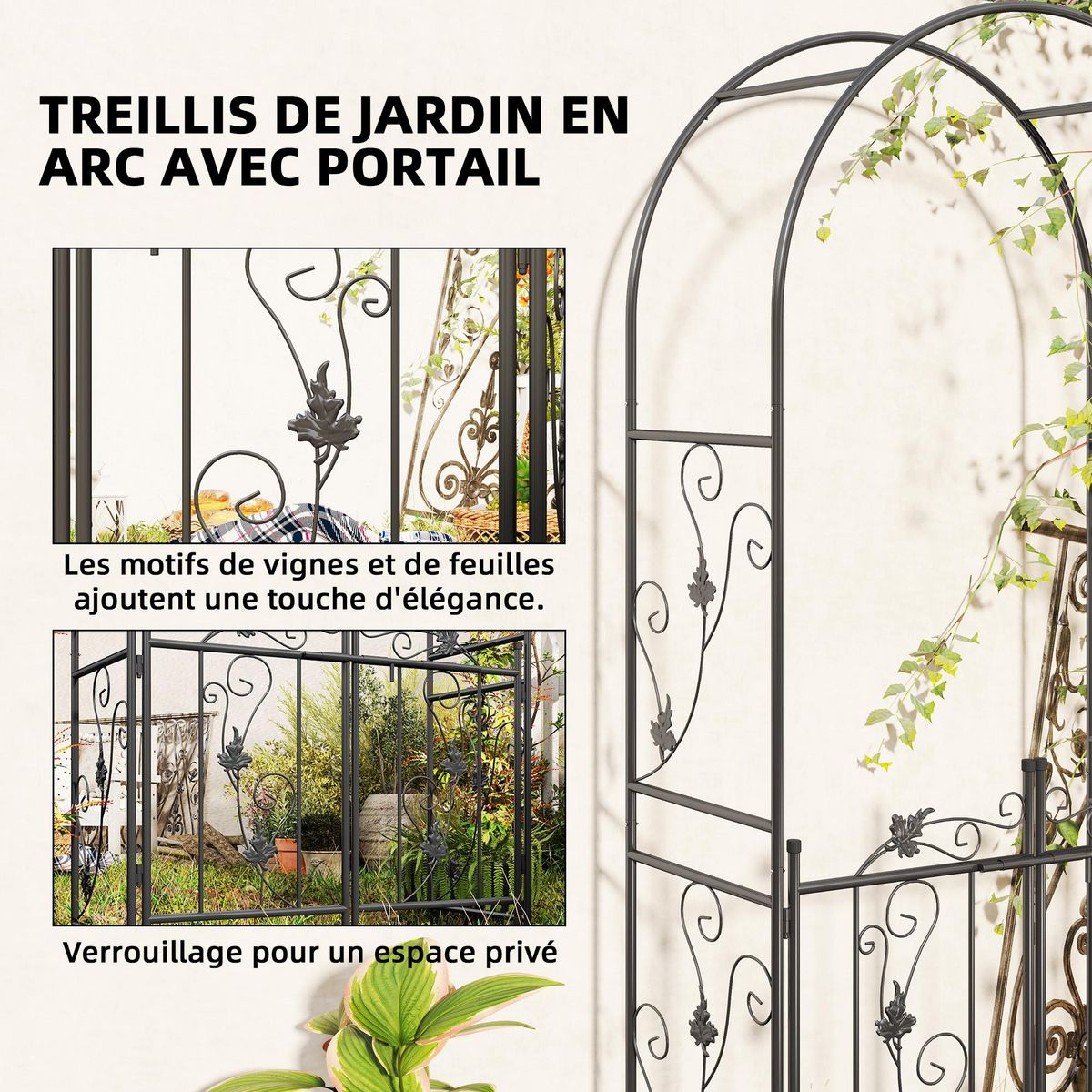 OUTSUNNY Arche de jardin avec portillon treillis style fer forgé feuilles vigne acier thermolaqué noir