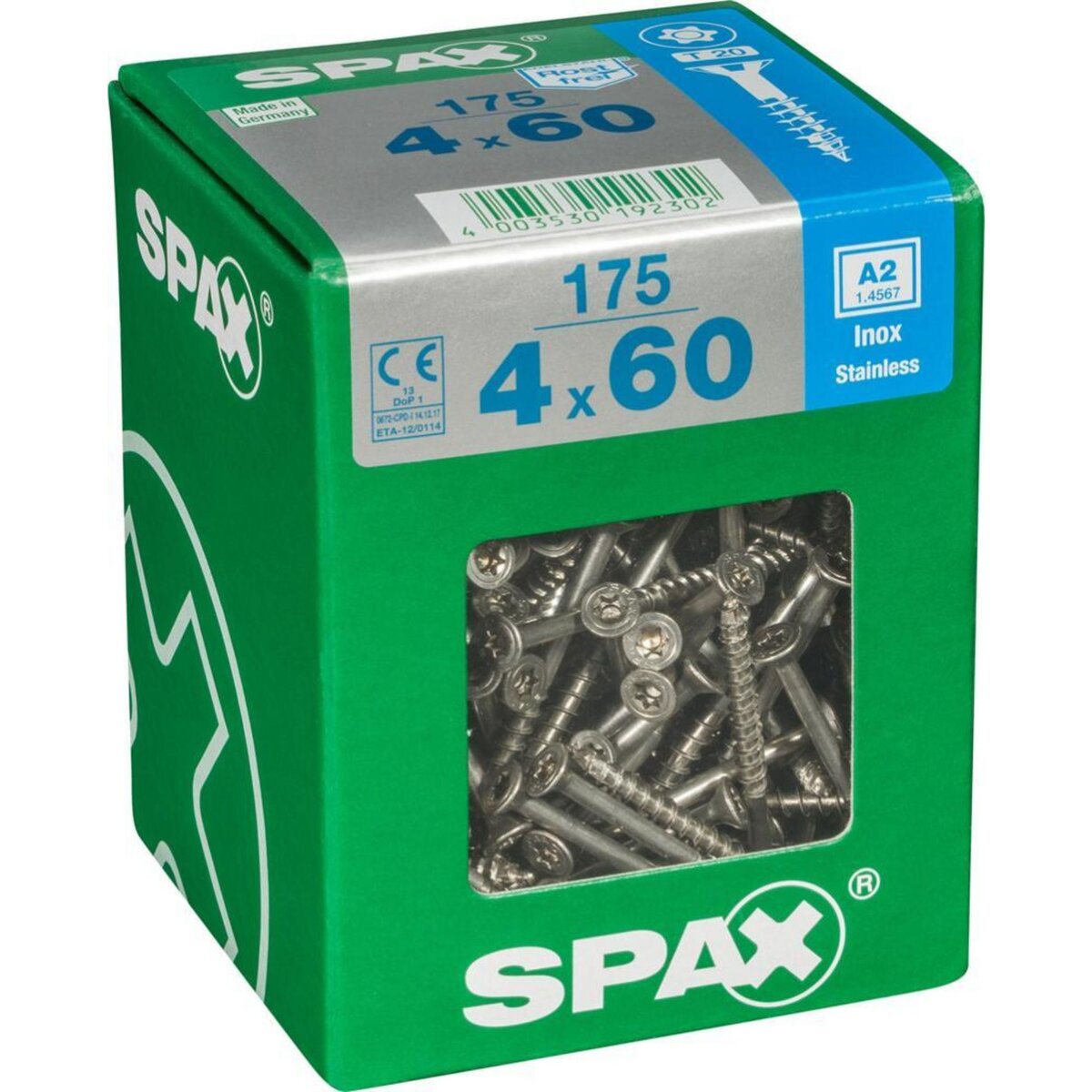 CENTRALE BRICO Lot de 175 vis inox tête fraisée torx SPAX, Diam.4 mm x L.60 mm