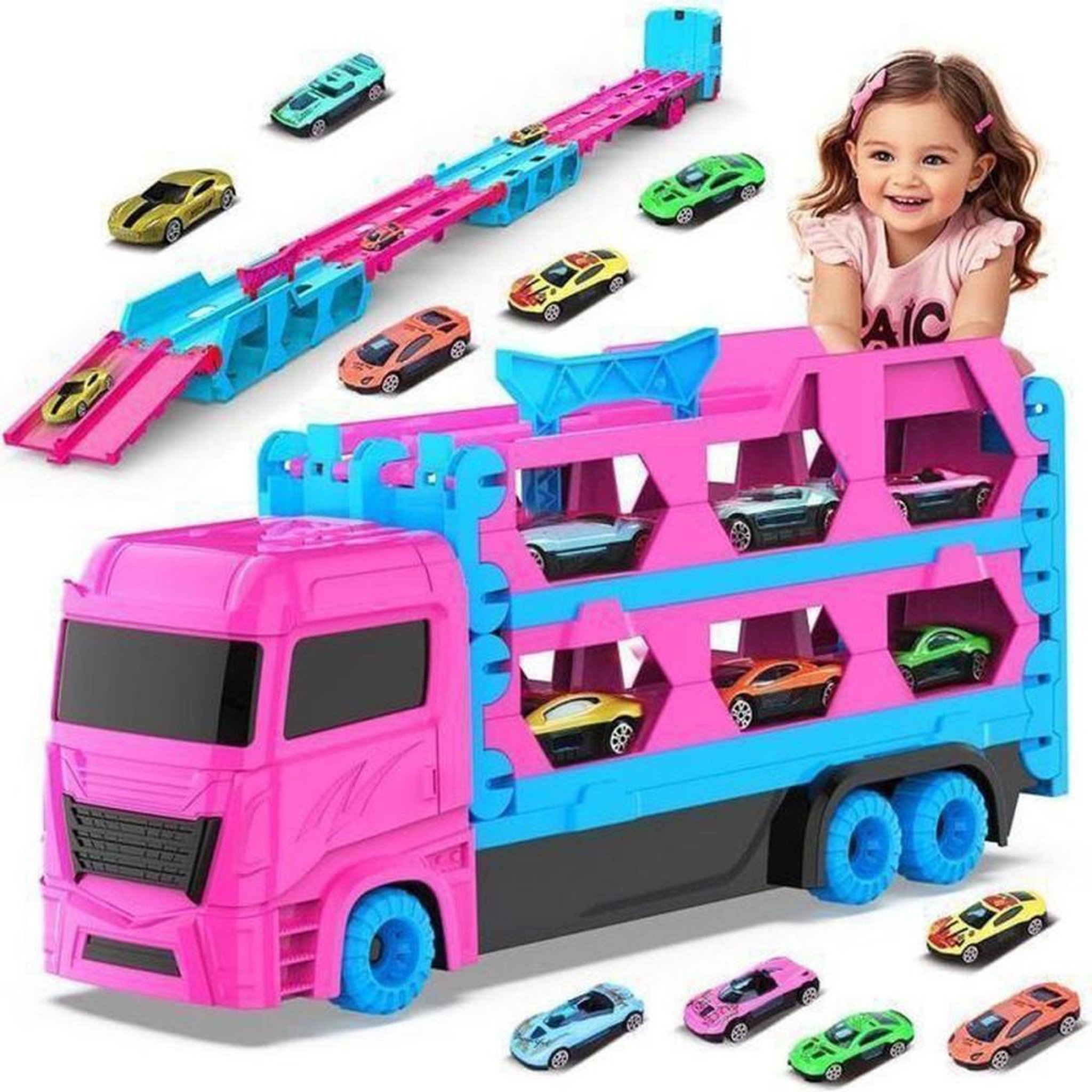 Voir la diapositive 1 : Camion transporteur de voitures enfant avec piste et 6 mini voitures, jeu sans piles à retour automatique, couleurs rose et bleu, poignée de transport, dès 3 ans