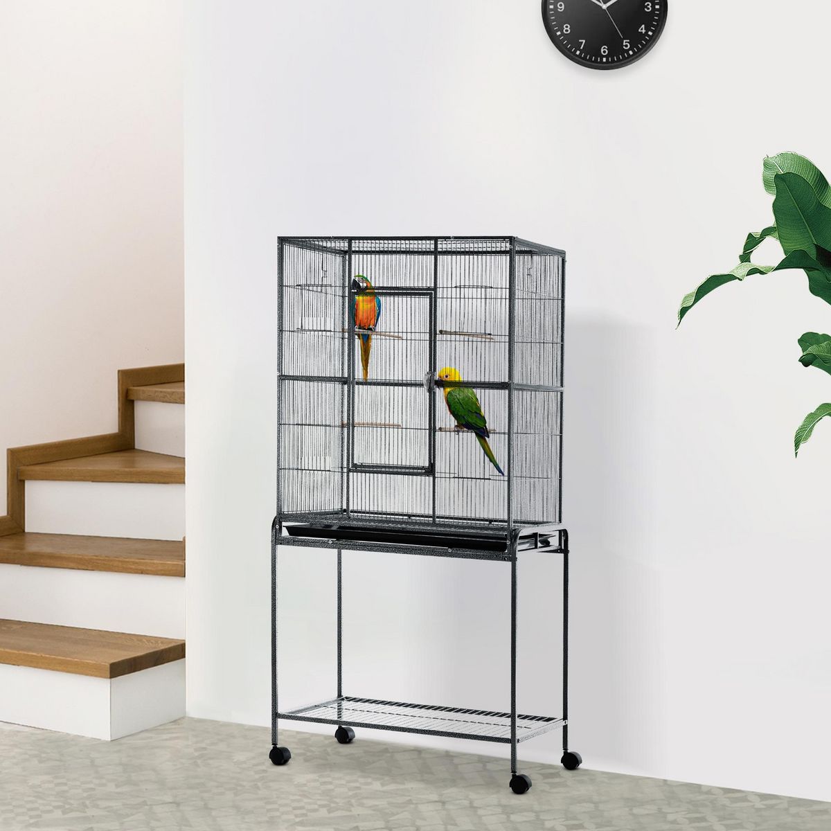 PAWHUT PawHut Cage à Oiseaux Portable avec 4 Mangeoires et 4 Perchoirs Pratique 81 x 48 x 163 cm Noir et Gris