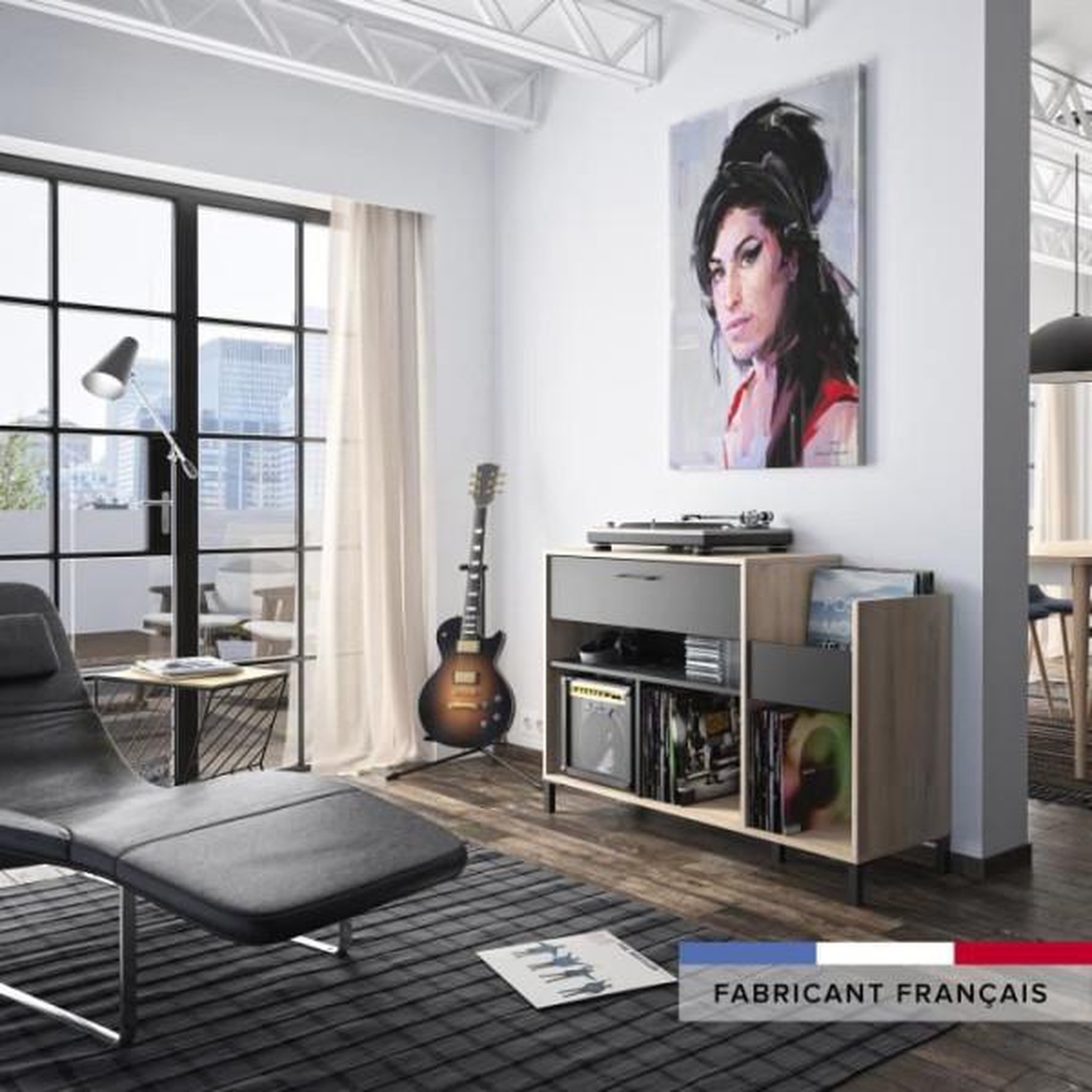 Voir la diapositive 5 : GAMI Meuble rangement vinyle - GAMI - Platine - Style urbain - Décor chene - Noir - L 115 x P 40 x H 81 cm