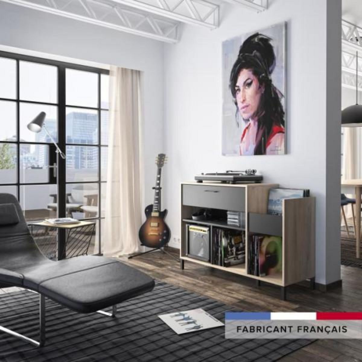 GAMI Meuble rangement vinyle - GAMI - Platine - Style urbain - Décor chene - Noir - L 115 x P 40 x H 81 cm