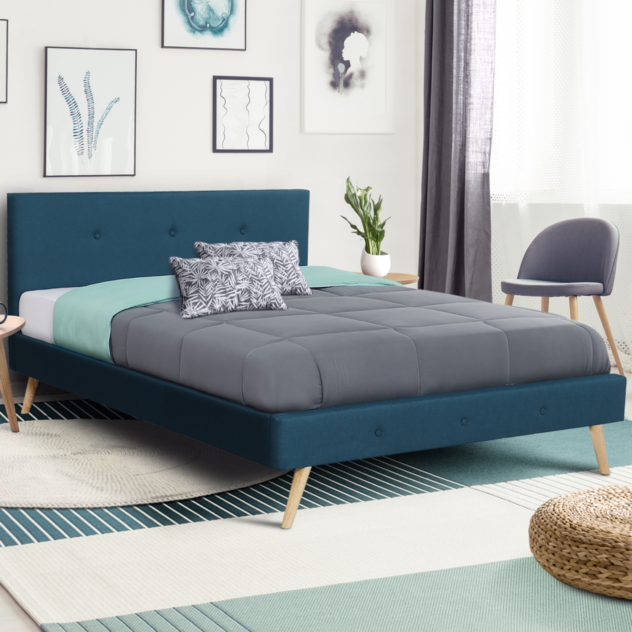 Voir la diapositive 2 : ID MARKET Lit double scandinave oslo avec tête de lit et sommier 140 x 190 cm tissu bleu canard