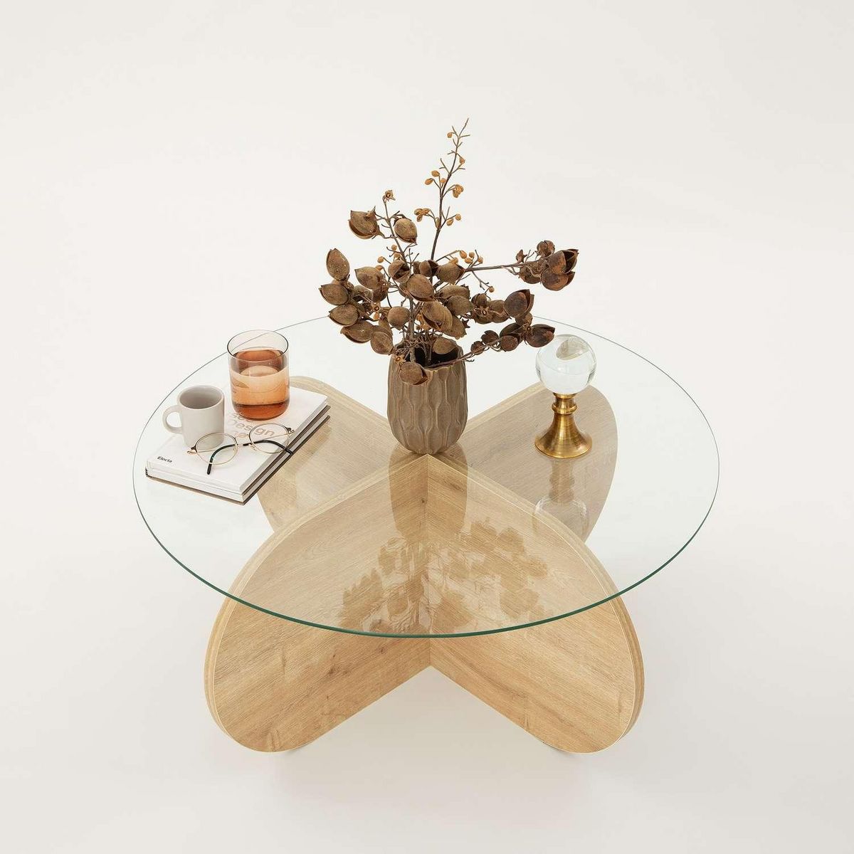 TOILINUX Table basse ronde Luminix en verre et bois - Beige