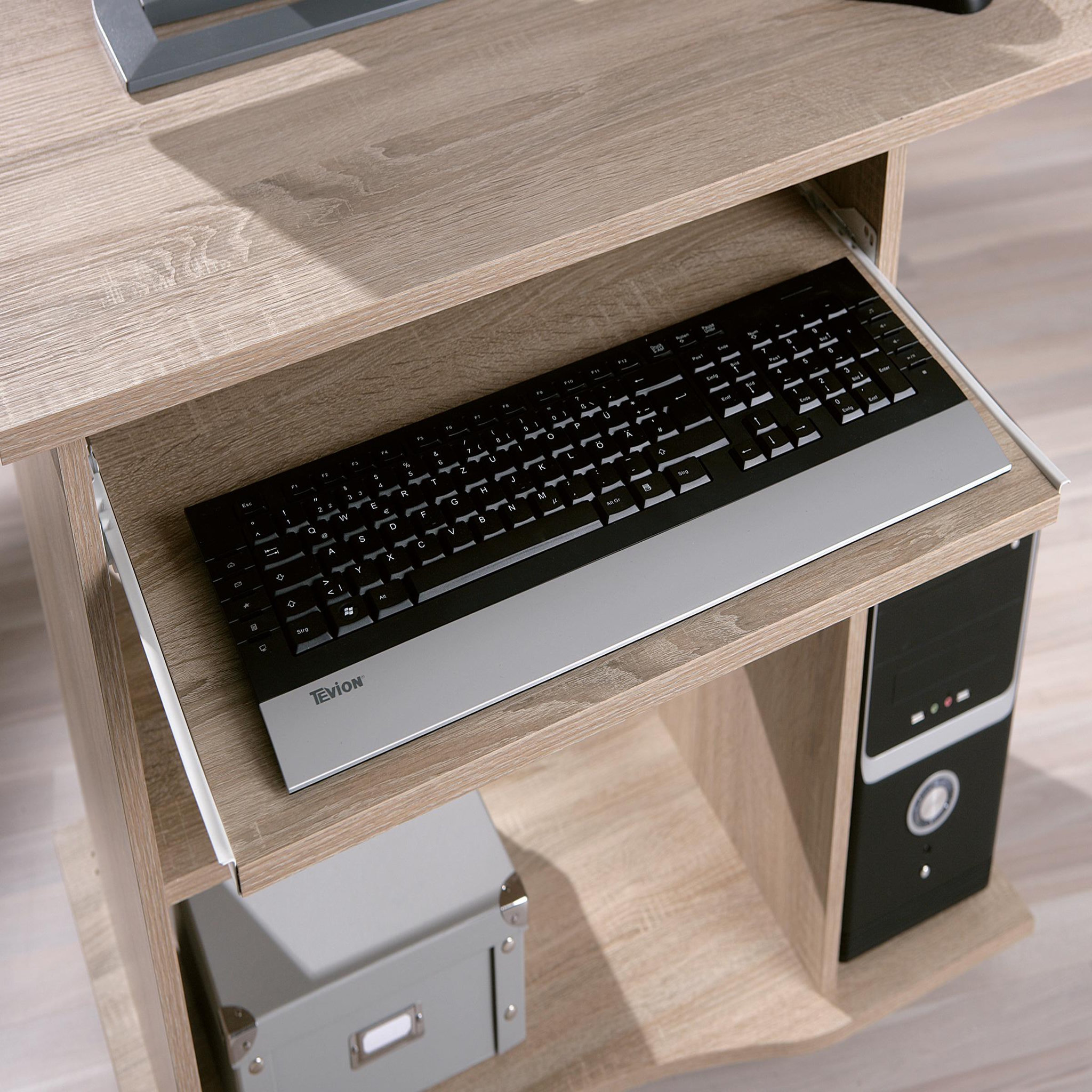 Voir la diapositive 2 : Bureau droit informatique avec tablette coulissante et roulettes L80cm  ADRIEN