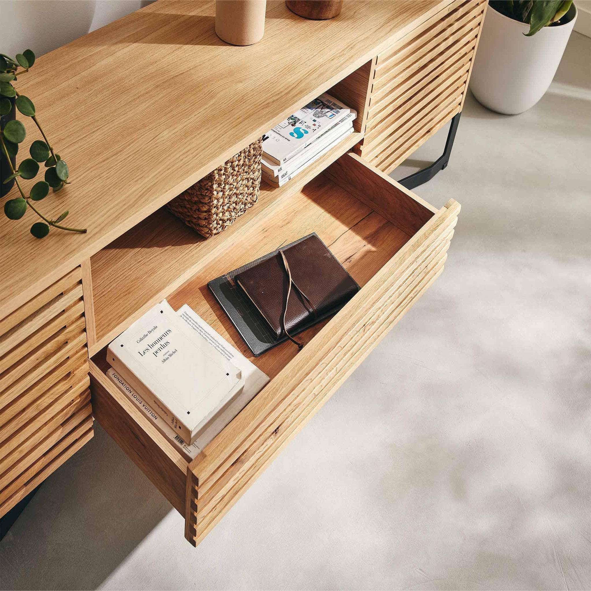 Voir la diapositive 2 : BEST MOBILIER Medellin - meuble tv - bois et noir - 2 portes, 1 tiroir et 1 niche - 200 cm