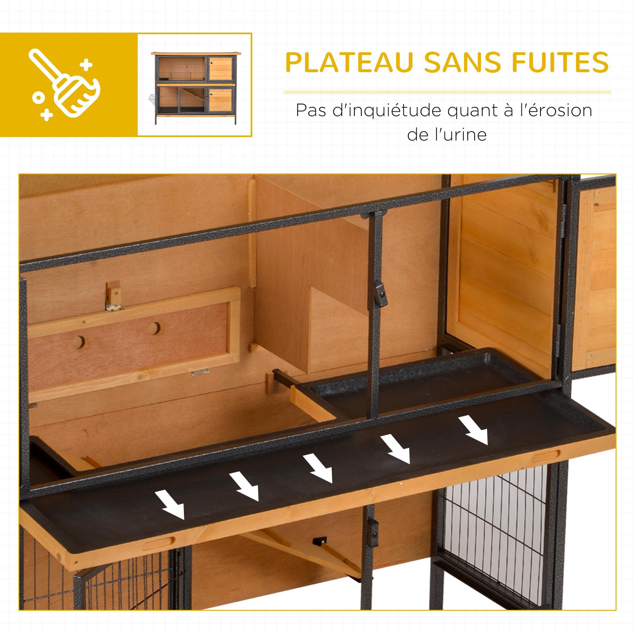 Voir la diapositive 5 : PAWHUT Clapier à lapin 2 niveaux cloisonnables - niche, rampe, plateaux, rateliers, portes - métal époxy bois pré-huilé