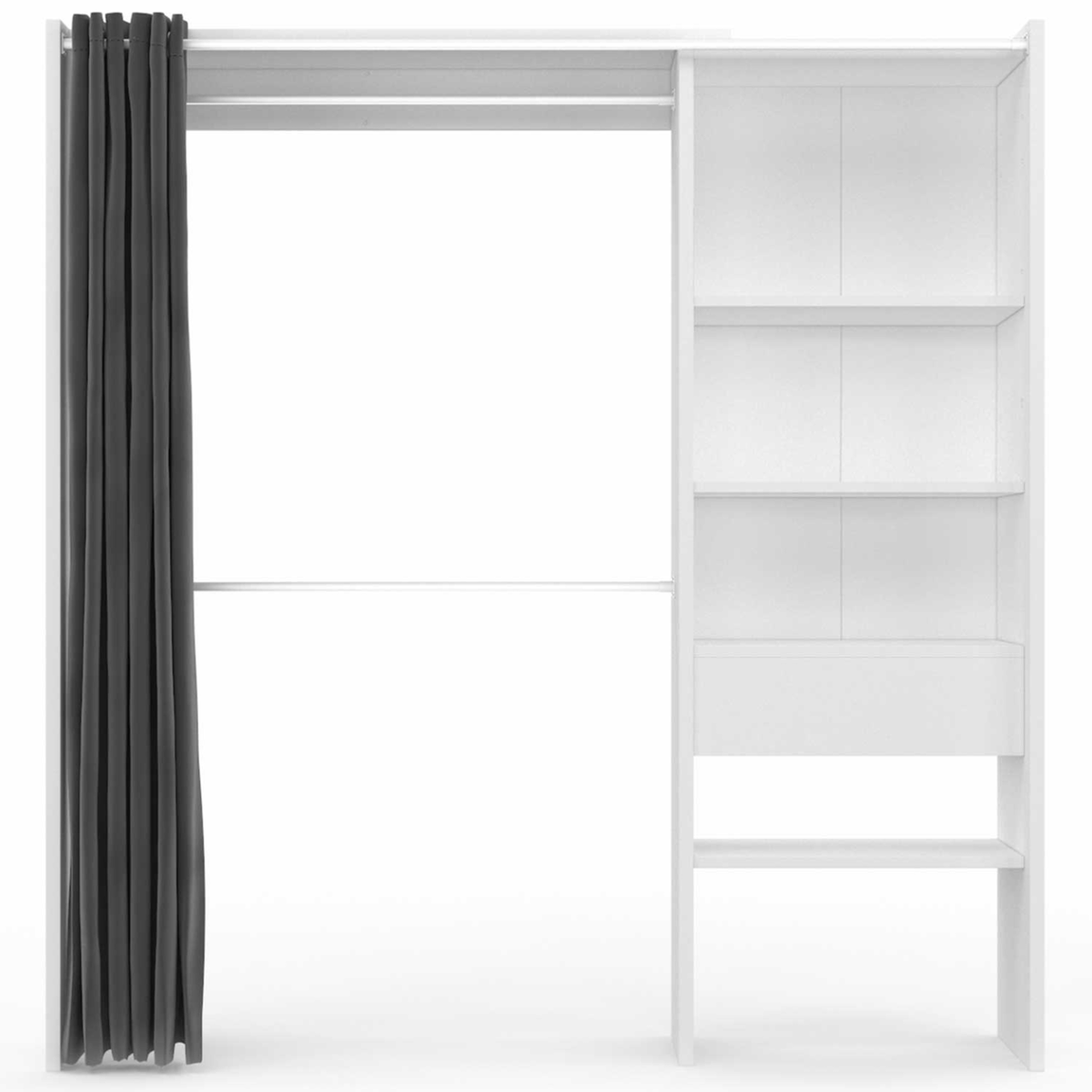 ID MARKET Dressing extensible MARTY 120/170 x 50 x 180 cm blanc avec étagères + double penderie + rideau gris