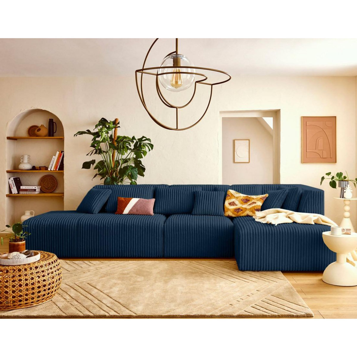 LISA DESIGN Victoire - canapé modulable d'angle droit 5 places en velours côtelé grosses côtes