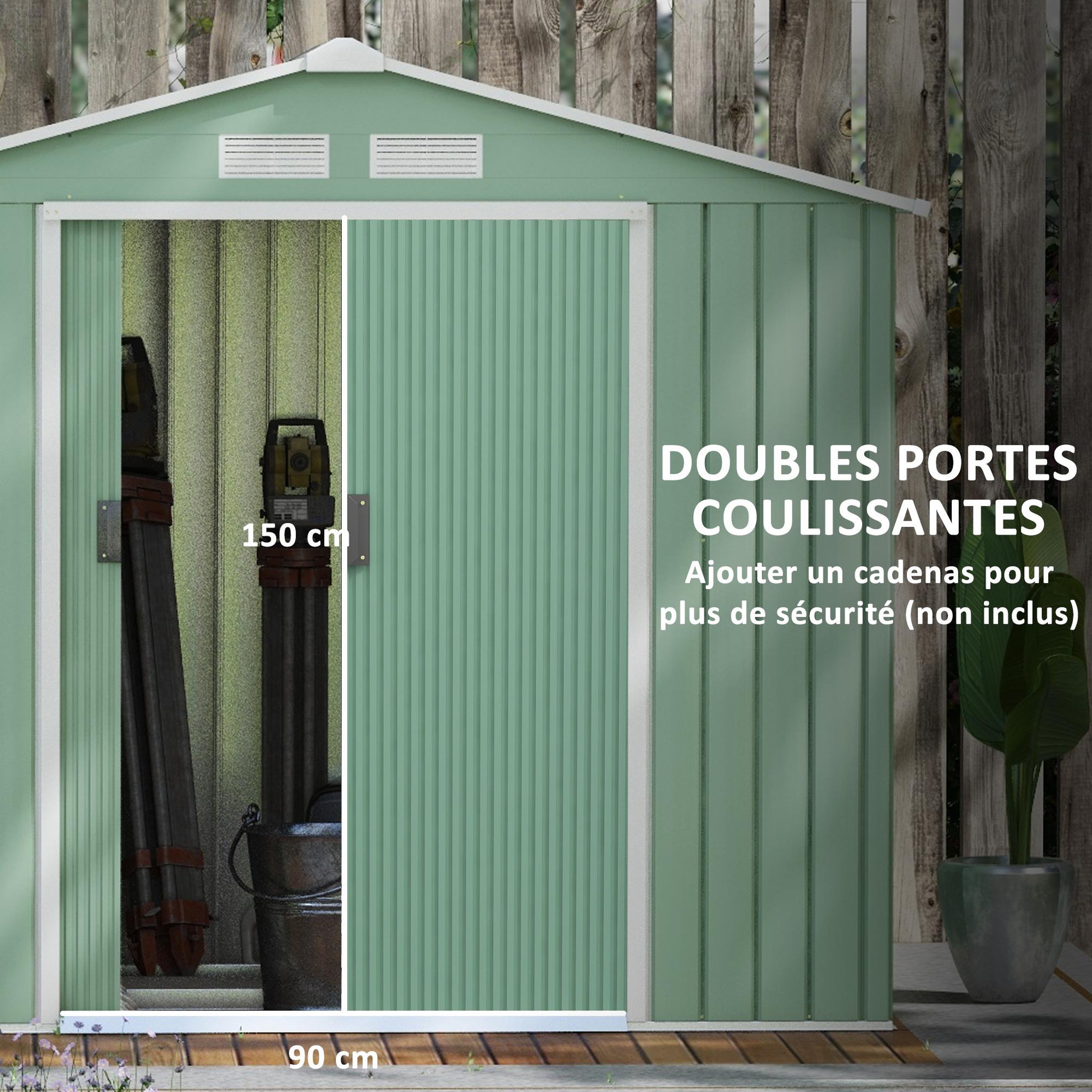 Voir la diapositive 6 : OUTSUNNY Abri de jardin - remise pour outils - cabanon porte verrouillable - dim. 213L x 130l x 185H cm - tôle d'acier vert pastel