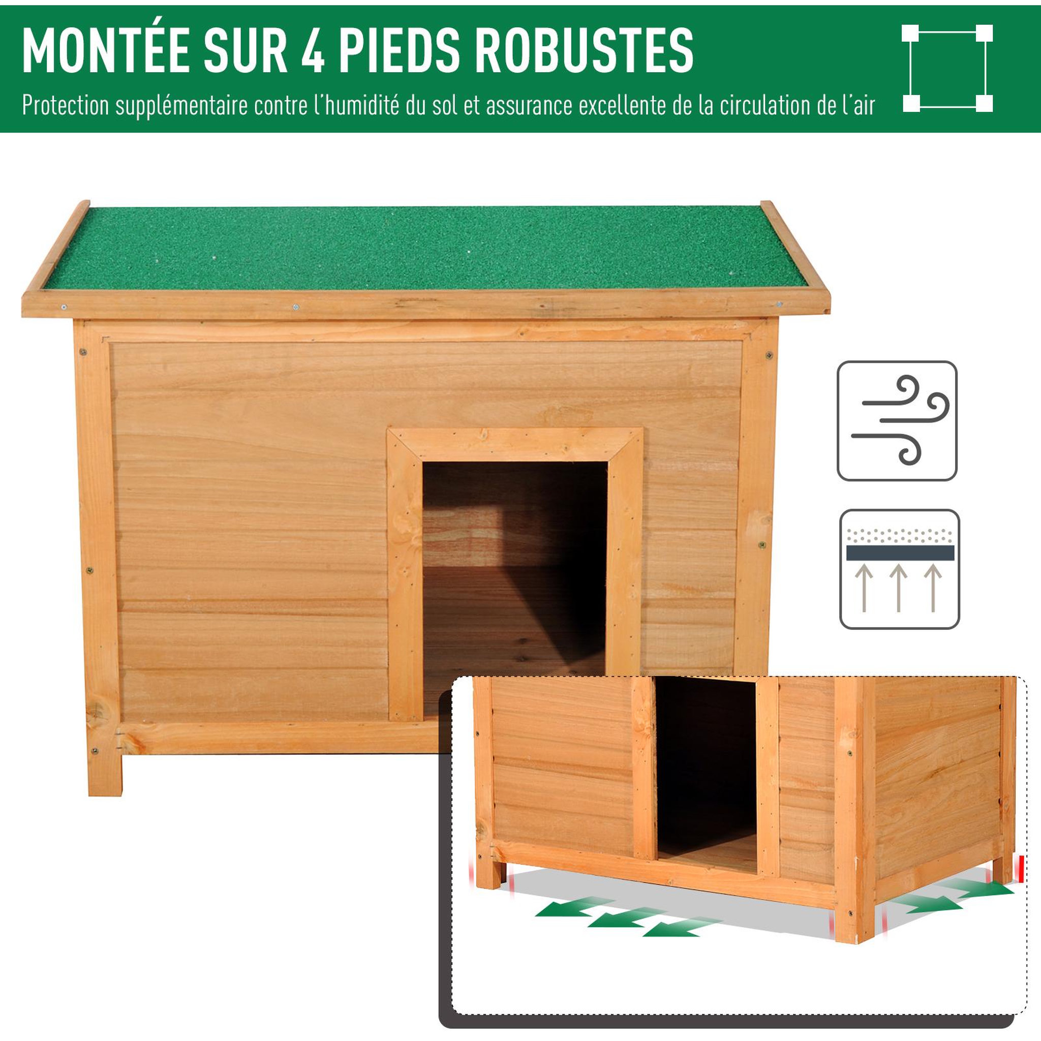 Voir la diapositive 5 : PAWHUT Niche chien sur pied dim. 85L x 58l x 58H cm - toit ouvrant bitumé vert - bois sapin pré-huilé