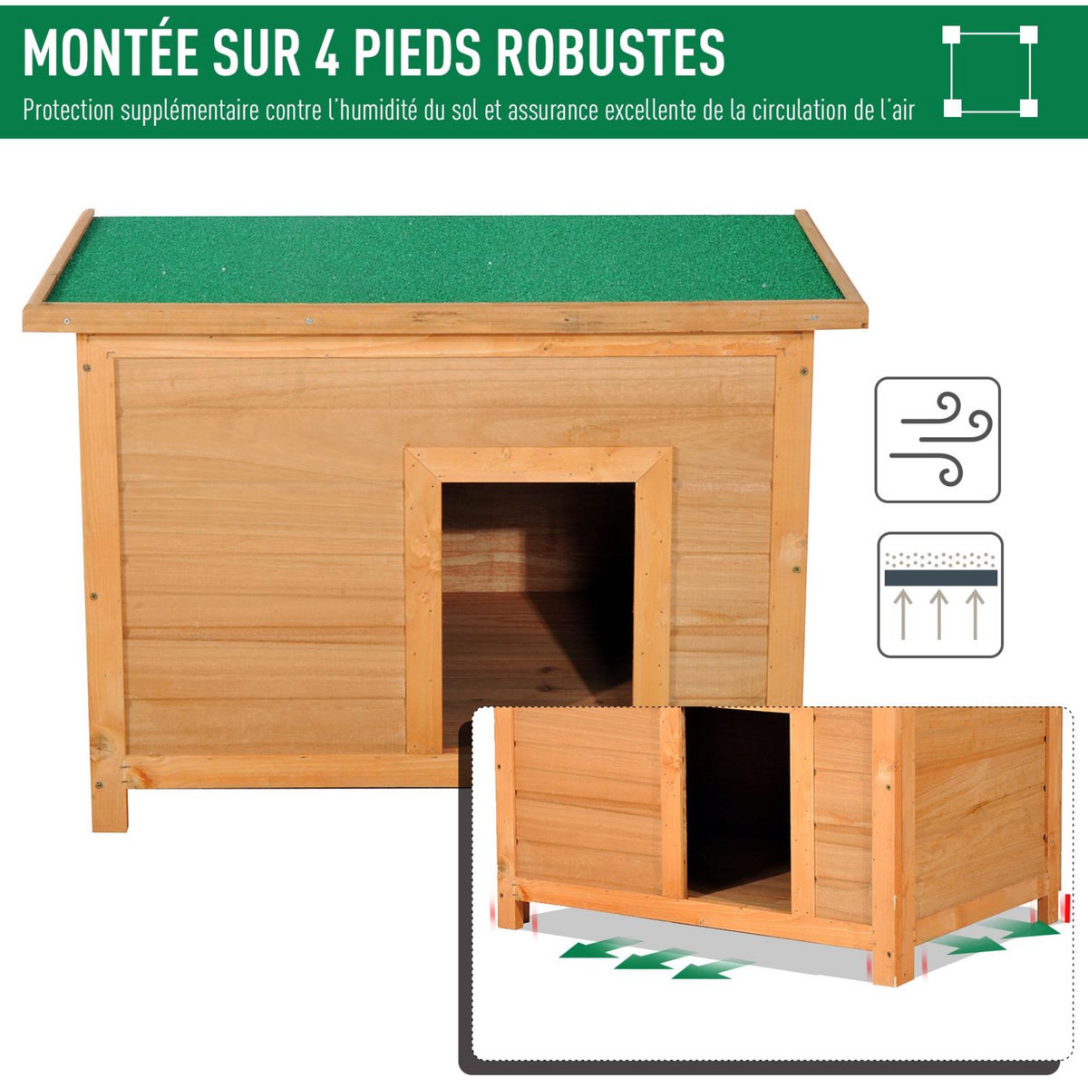 PAWHUT Niche chien sur pied dim. 85L x 58l x 58H cm - toit ouvrant bitumé vert - bois sapin pré-huilé