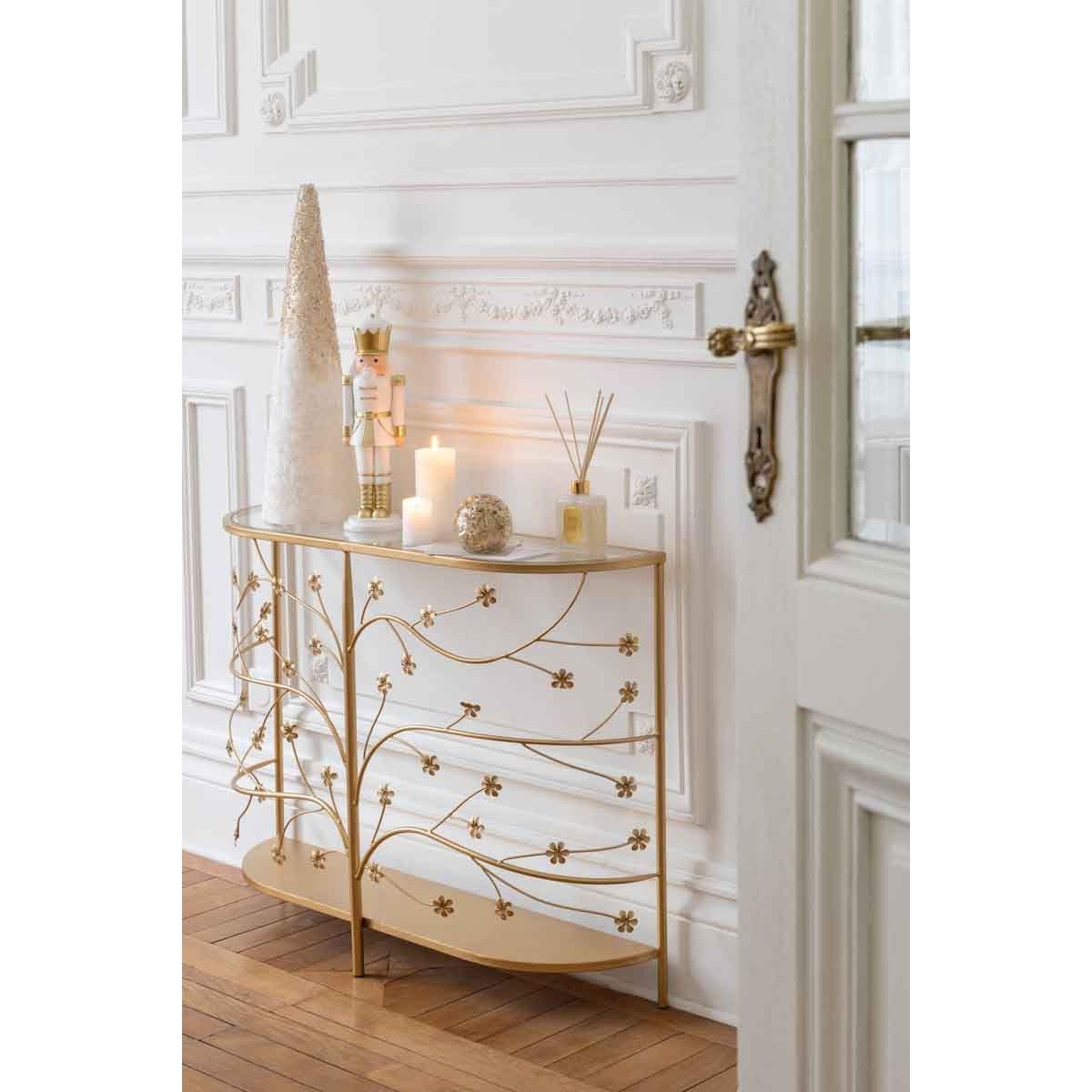 Voir la diapositive 2 : J-LINE Cône déco en velours design  perles  61cm écru
