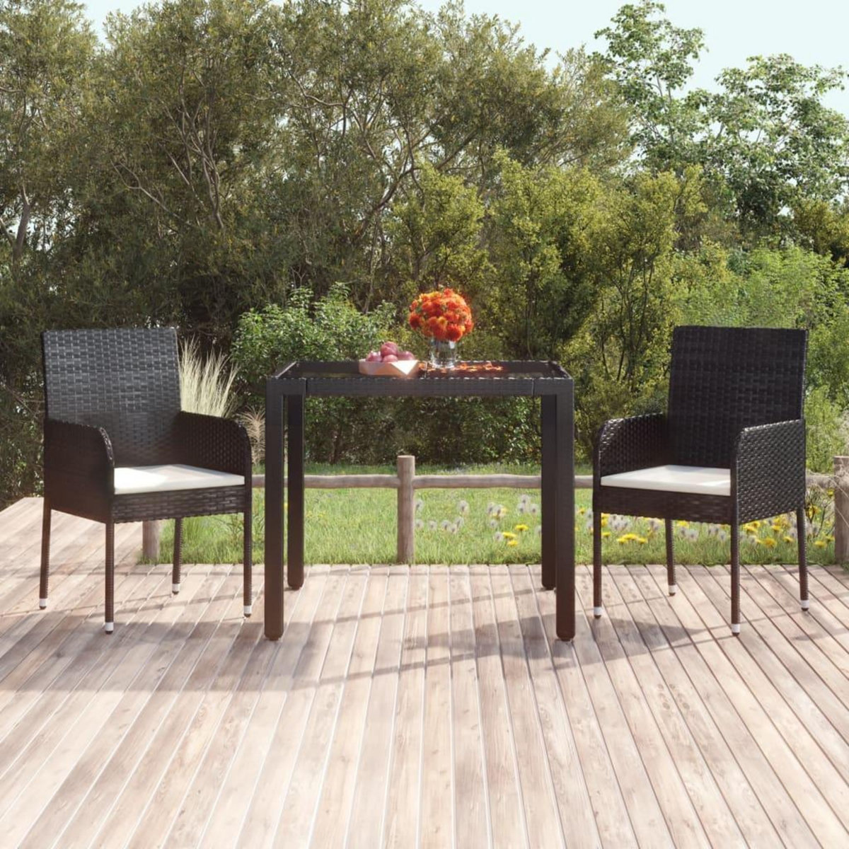 VIDAXL Table de jardin dessus en verre Noir 90x90x75 cm Resine tressee