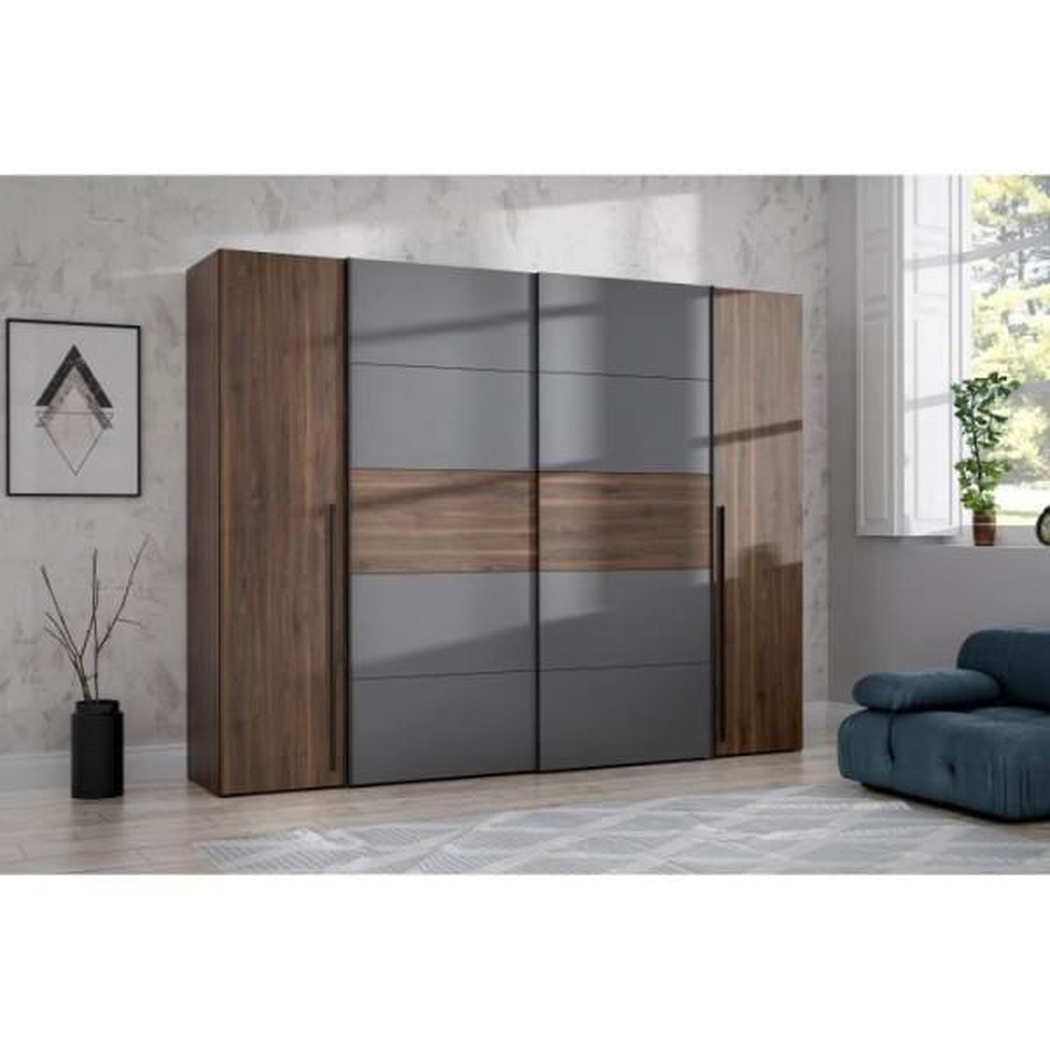 Voir la diapositive 2 : MARKET24 Armoire NARAGO - Décor Noyer Bakersfield et gris - 2 portes coulissantes + 2 portes battantes - L270 x P61 x H210 cm