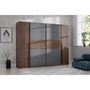 Voir la diapositive 2 : MARKET24 Armoire NARAGO - Décor Noyer Bakersfield et gris - 2 portes coulissantes + 2 portes battantes - L270 x P61 x H210 cm