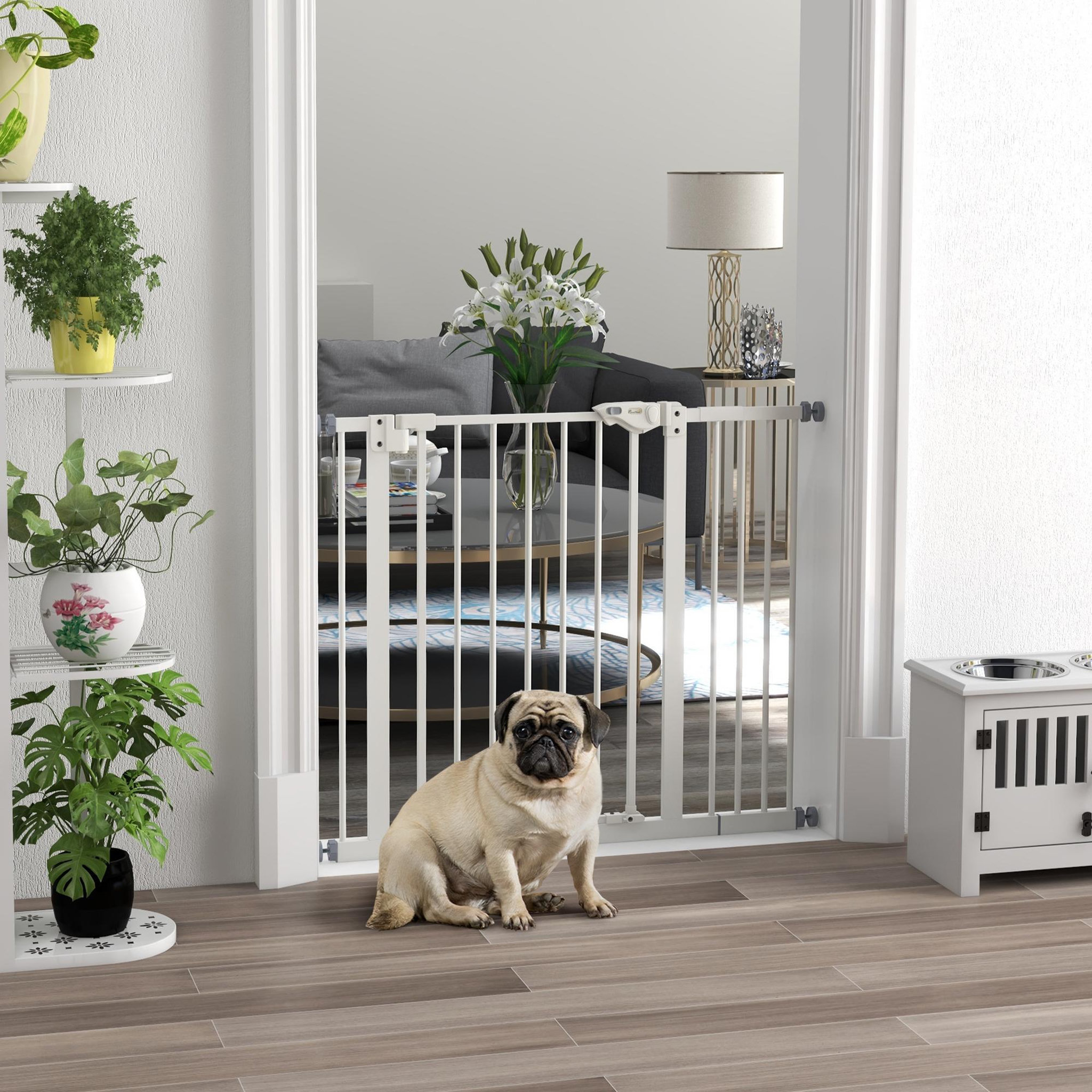 Voir la diapositive 2 : PAWHUT Barrière de sécurité chien - porte double verrouillage - l.94 cm max. - sans perçage - métal blanc