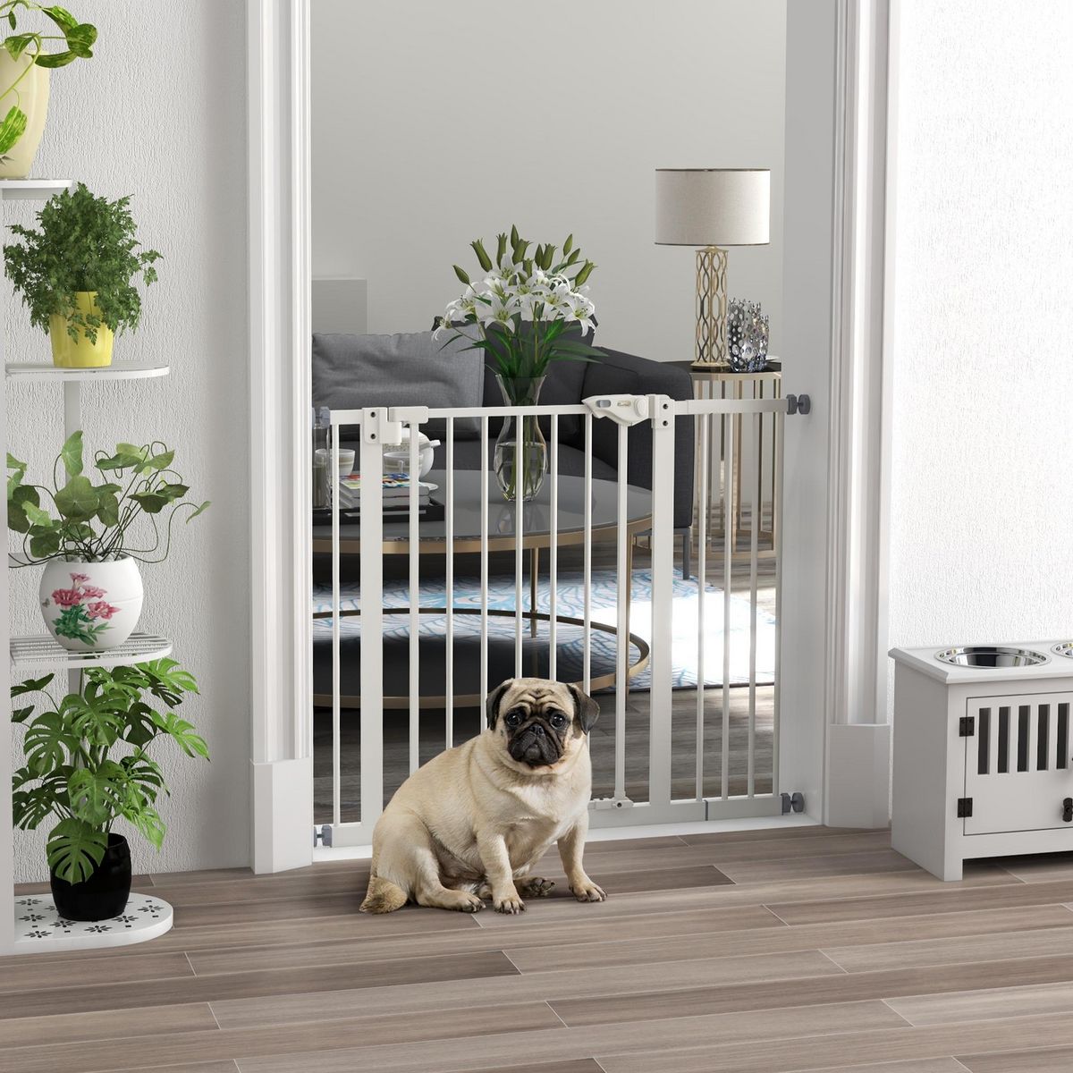 PAWHUT Barrière de sécurité chien - porte double verrouillage - L.94 cm max. - sans perçage - métal blanc