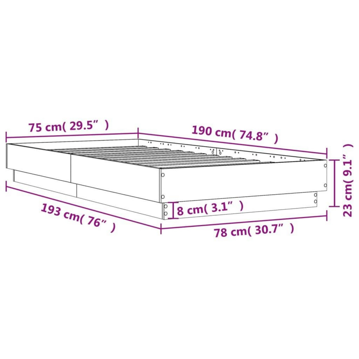 VIDAXL Cadre de lit sans matelas avec lumieres LED chene fume 75x190cm