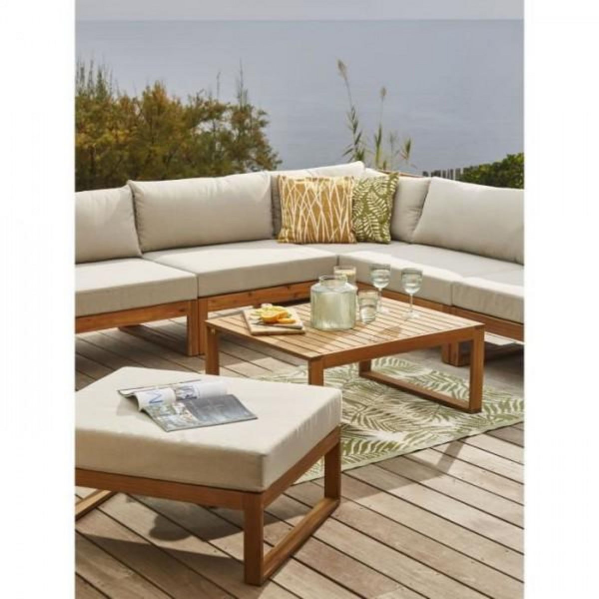 BOCARNEA Salon de jardin en bois d'Acacia FSC - 7 personnes - Levata - Lin