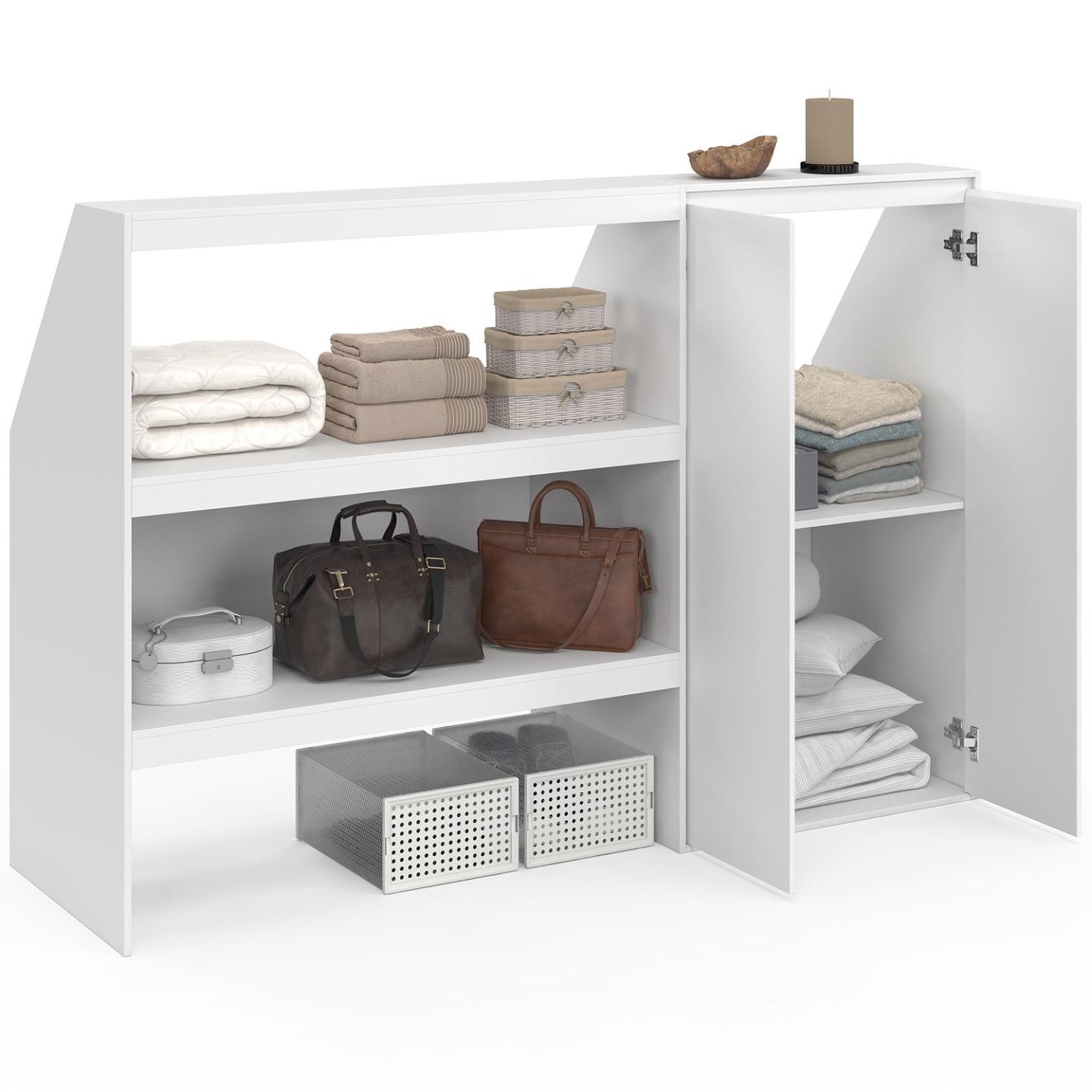 Voir la diapositive 4 : ID MARKET Ensemble étagère 2 niveaux + armoire 2 portes sous pente tomi blanc