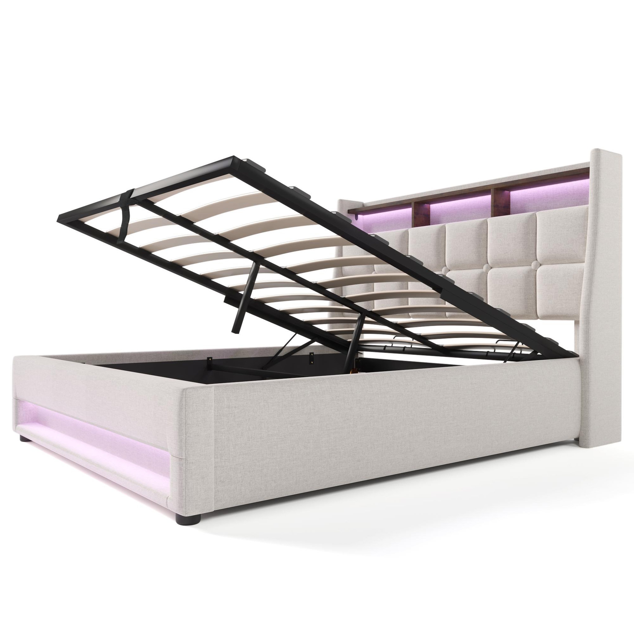Voir la diapositive 6 : MERAX Lit coffre avec USB et LED Lin gris