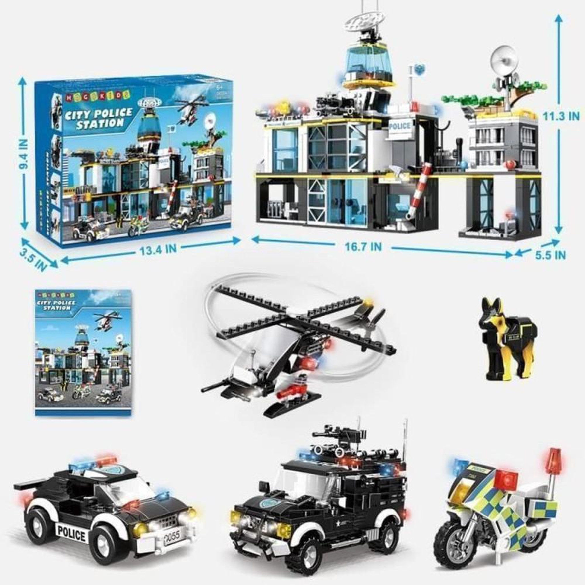 Voir la diapositive 2 : Coffret de construction Police Station 1261 pièces, station à deux étages, héliport, hélicoptère, voiture tout-terrain, moto, chien policier