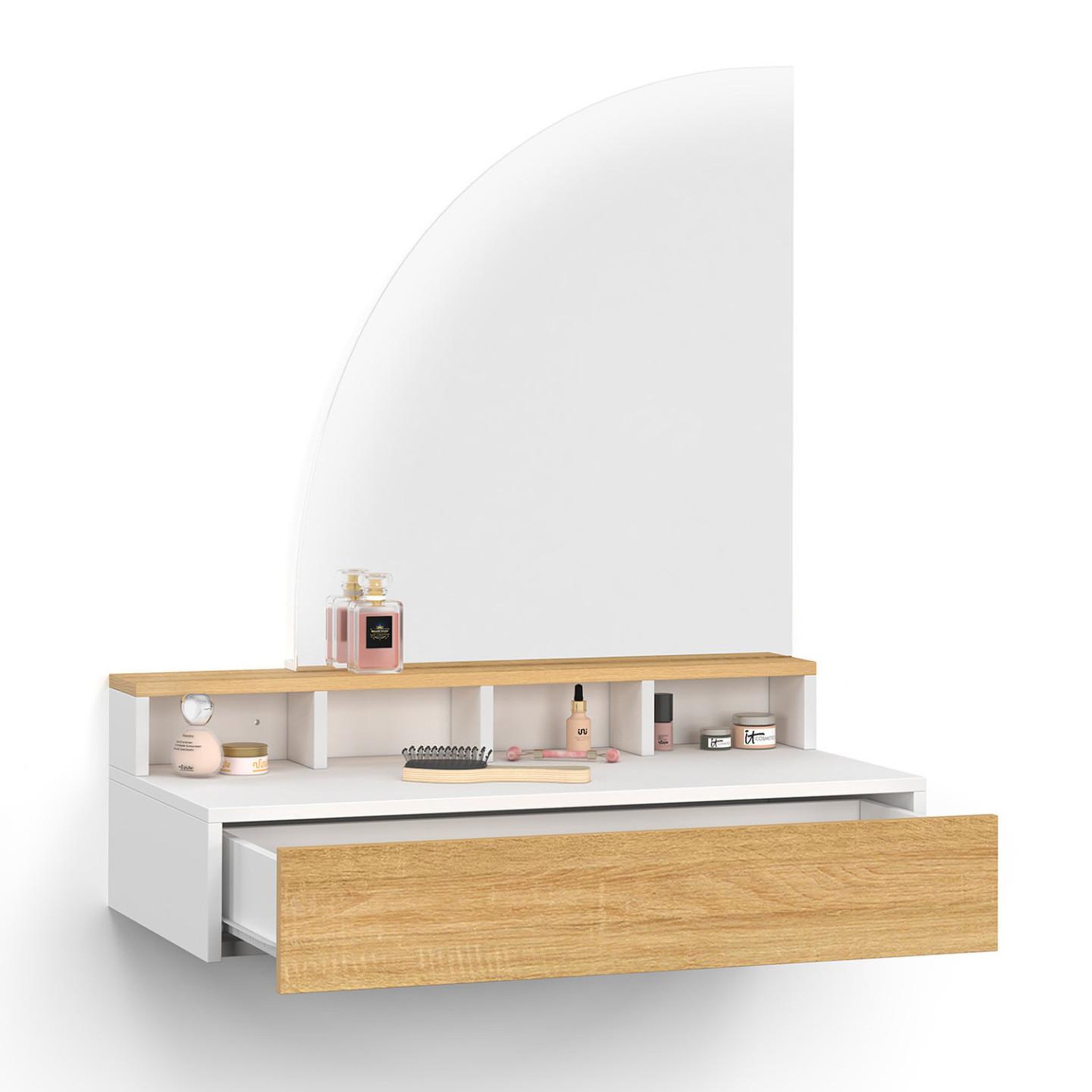 Voir la diapositive 1 : ID MARKET Coiffeuse suspendue zelia miroir led avec 4 niches, 1 tiroir bois et blanc