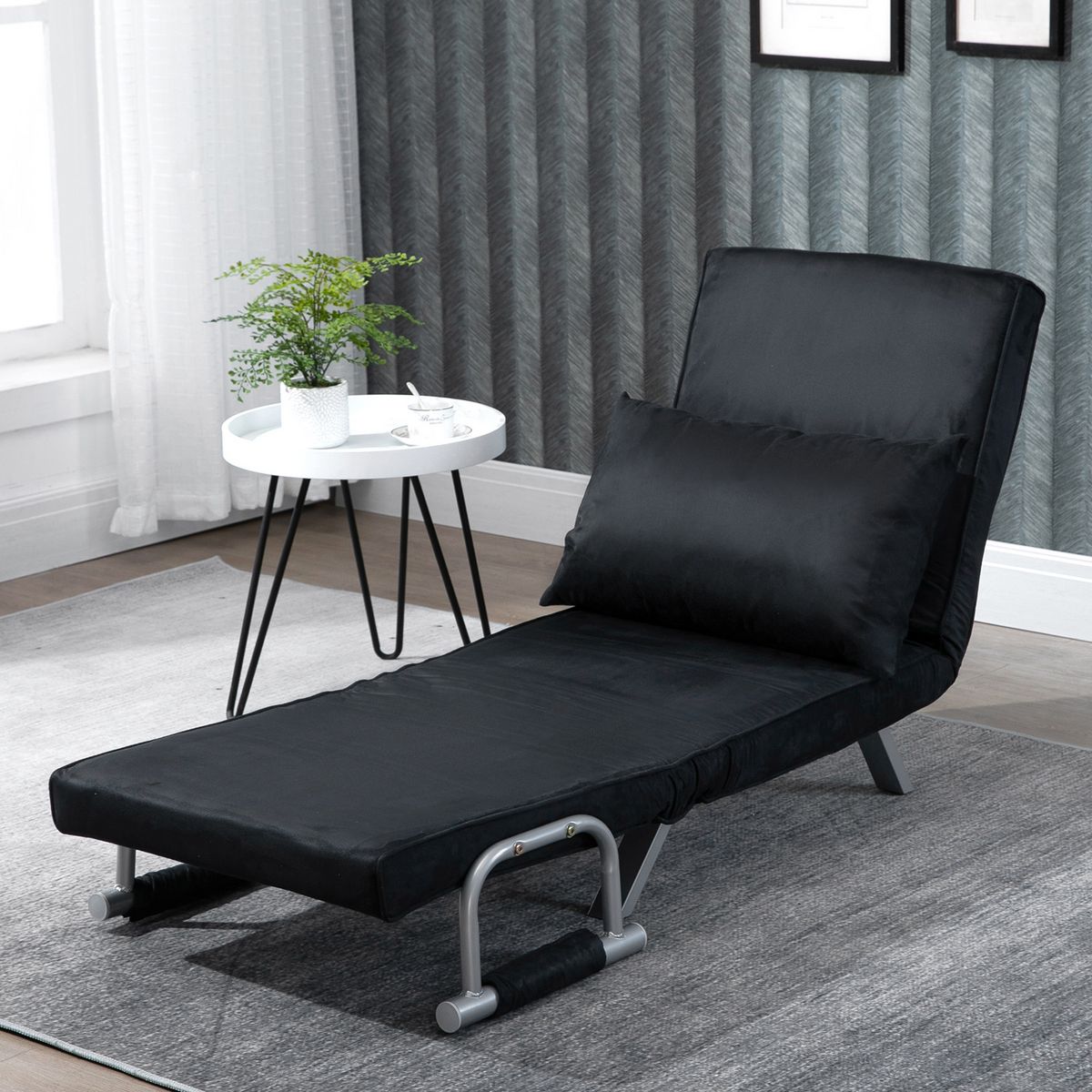 HOMCOM Fauteuil chauffeuse canapé-lit convertible 1 place déhoussable grand confort coussin pieds accoudoirs métal suède noir