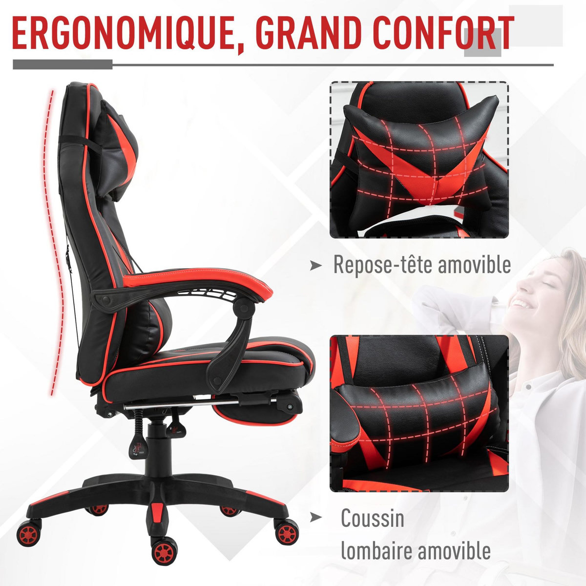 HOMCOM HOMCOM Fauteuil gamer grand confort fauteuil de bureau gamer pivotant inclinable avec coussins et repose-pieds revêtement synthétique noir rouge