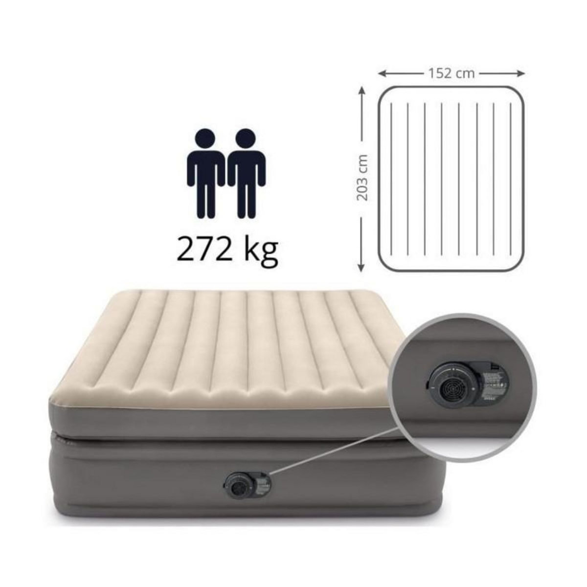 INTEX Matelas gonflable - INTEX - Prime Comfort - 2 personnes - 152 x 203 x 51 cm - Gris