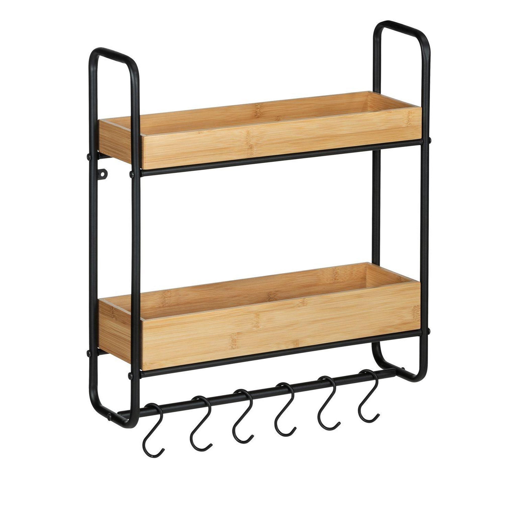 Wenko Etagère murale loft avec 2 tablettes et 6 crochets - en métal et bambou - noir et marron