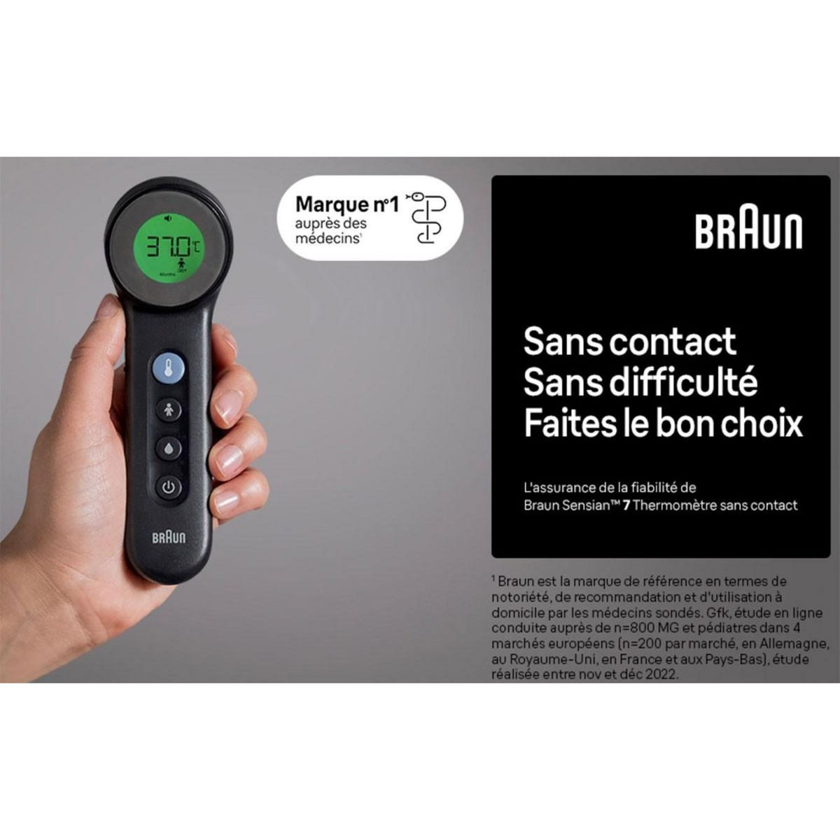 BRAUN Thermomètre frontal sans contact Affichage numérique à code couleur Précis 2 seconde Bébé et enfant Sensian 7 Braun