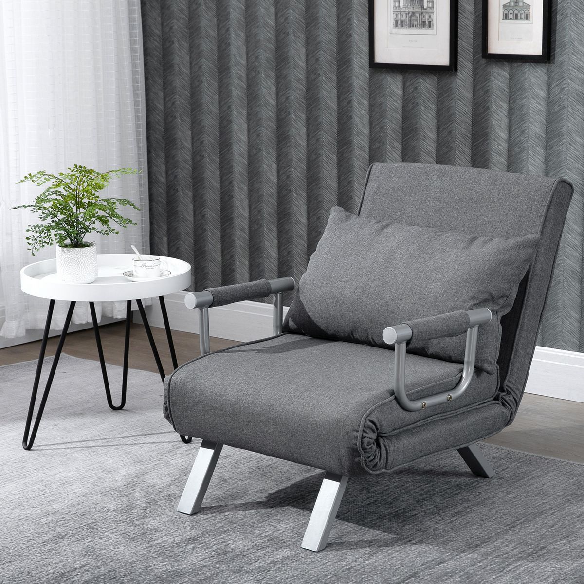 HOMCOM Fauteuil chauffeuse canapé-lit convertible 1 place déhoussable grand confort coussin pieds accoudoirs métal lin gris clair