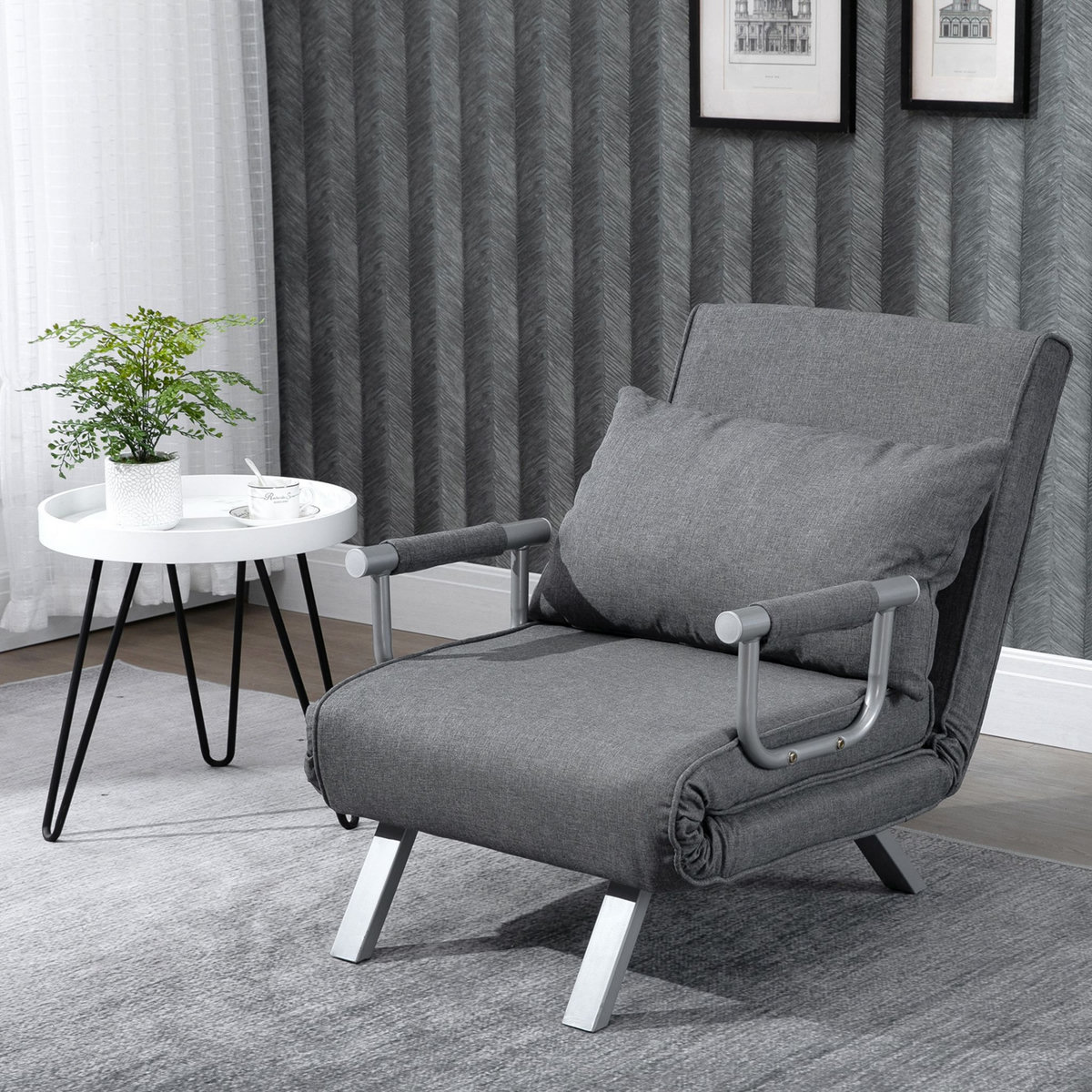 HOMCOM Fauteuil chauffeuse canapé-lit convertible 1 place déhoussable grand confort coussin pieds accoudoirs métal lin gris clair
