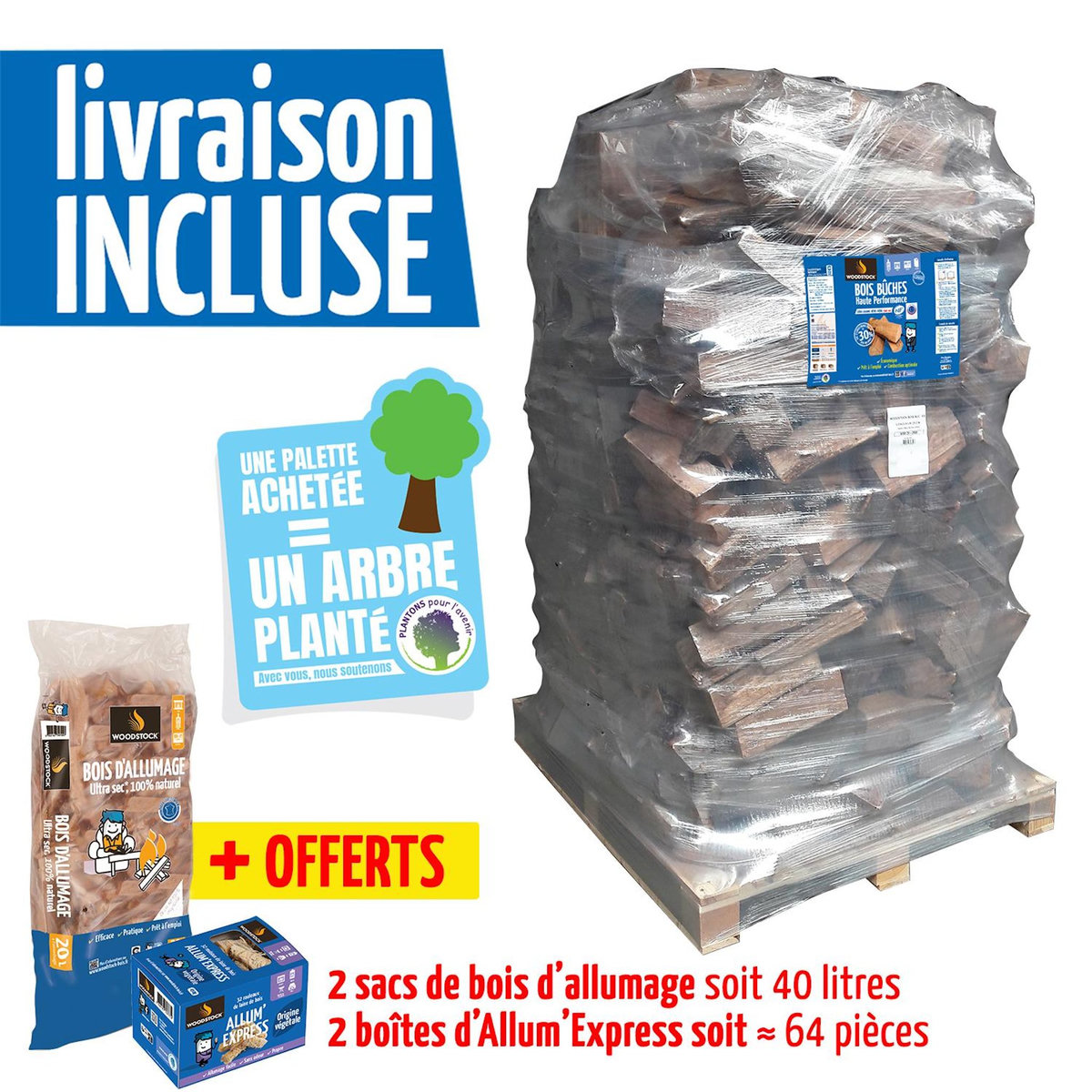 WOODSTOCK Bois de chauffage haute performance, ballot de 2 000 dm3 - bûches de 40cm + allumage offerts