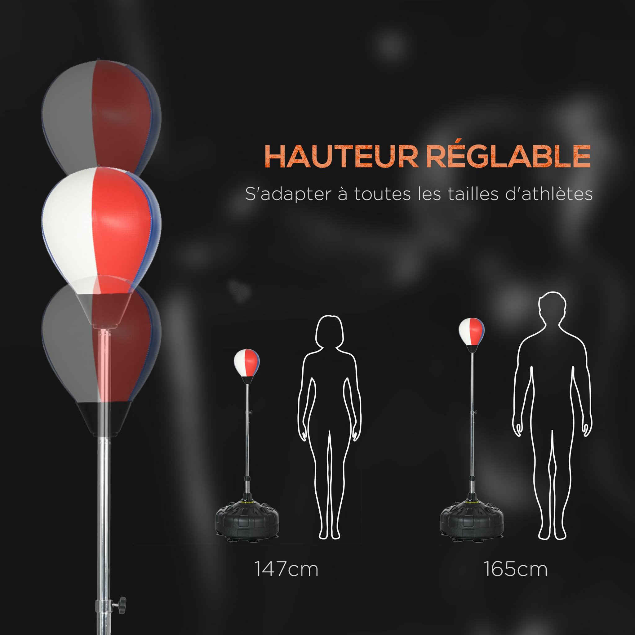 Voir la diapositive 4 : HOMCOM Punching ball sur pied hauteur réglable h.147 -165cm - ressort central, socle ventouses - bleu blanc rouge