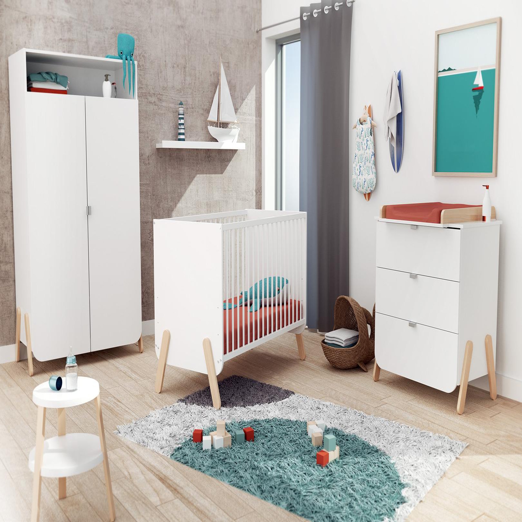 Voir la diapositive 4 : AT4 Commode à langer 3 tiroirs en bois pirate blanc et hêtre