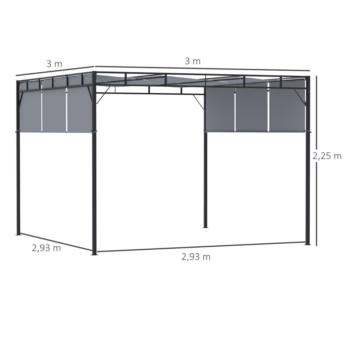OUTSUNNY Pergola rétractable dim. 3L x 3l x 2,2H m structure acier époxy anticorrosion noir triple toile polyester haute densité gris