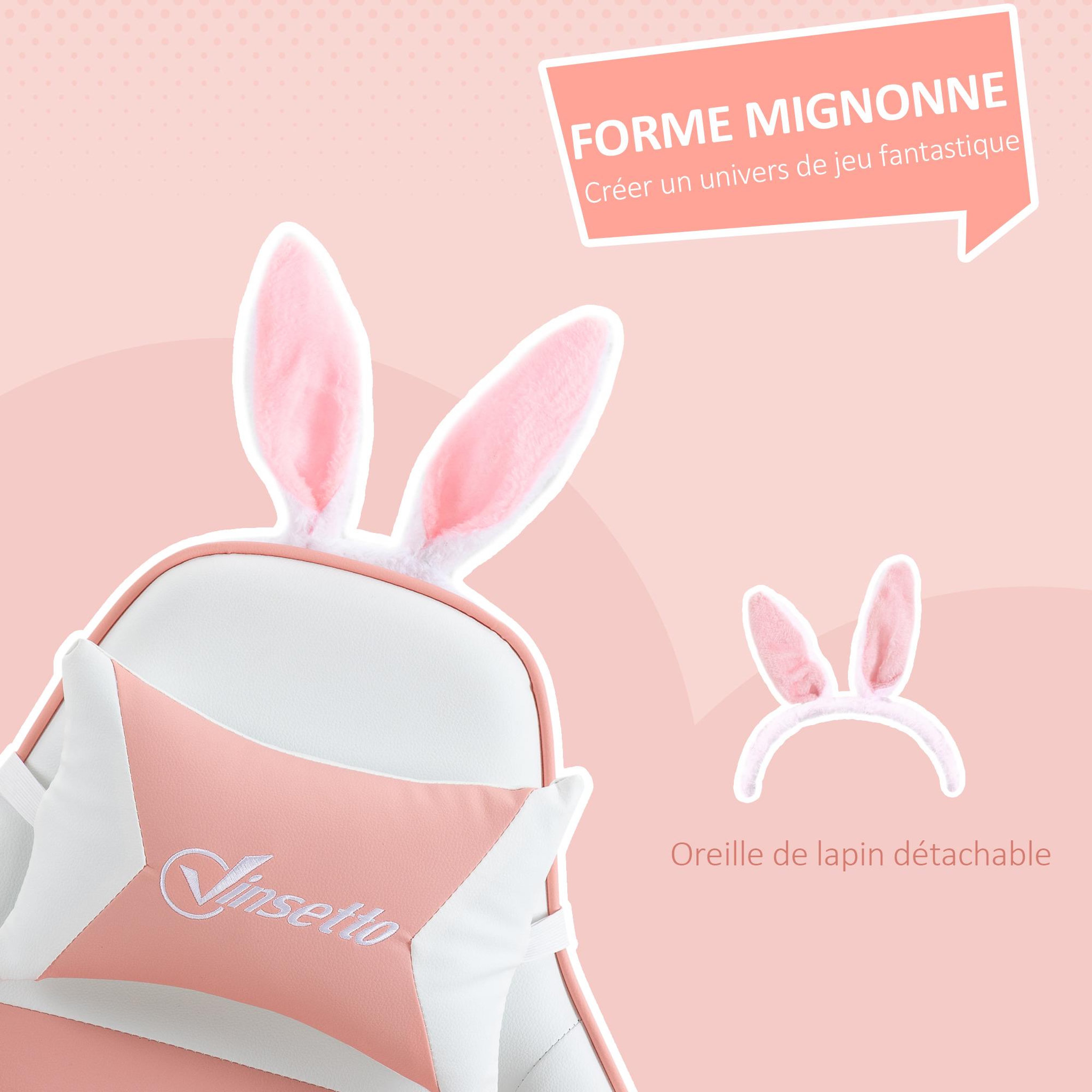 Voir la diapositive 5 : VINSETTO Chaise gaming fauteuil gamer inclinable réglable repose-pied rétractable oreilles de lapin amovibles rose blanc