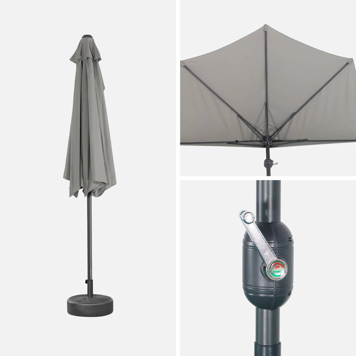 SWEEEK Parasol de balcon Ø250cm  – CALVI – Demi-parasol droit, mât central en aluminium avec manivelle d'ouverture