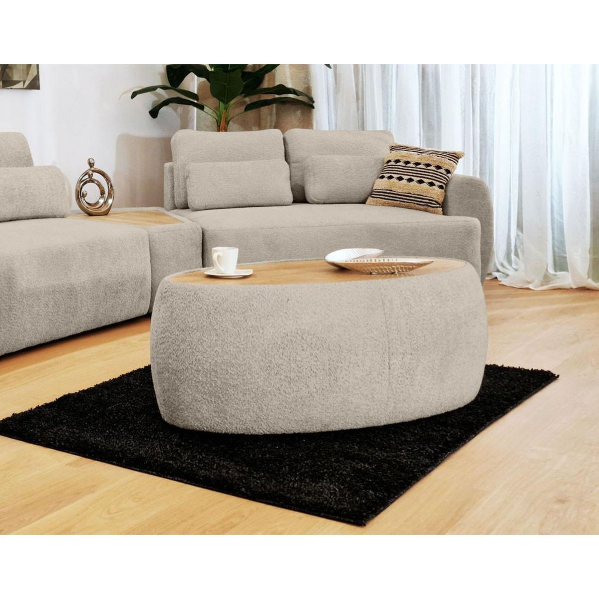 BEST MOBILIER Mahina - table basse ovale - en tissu bouclette et plateau effet bois - 114 cm