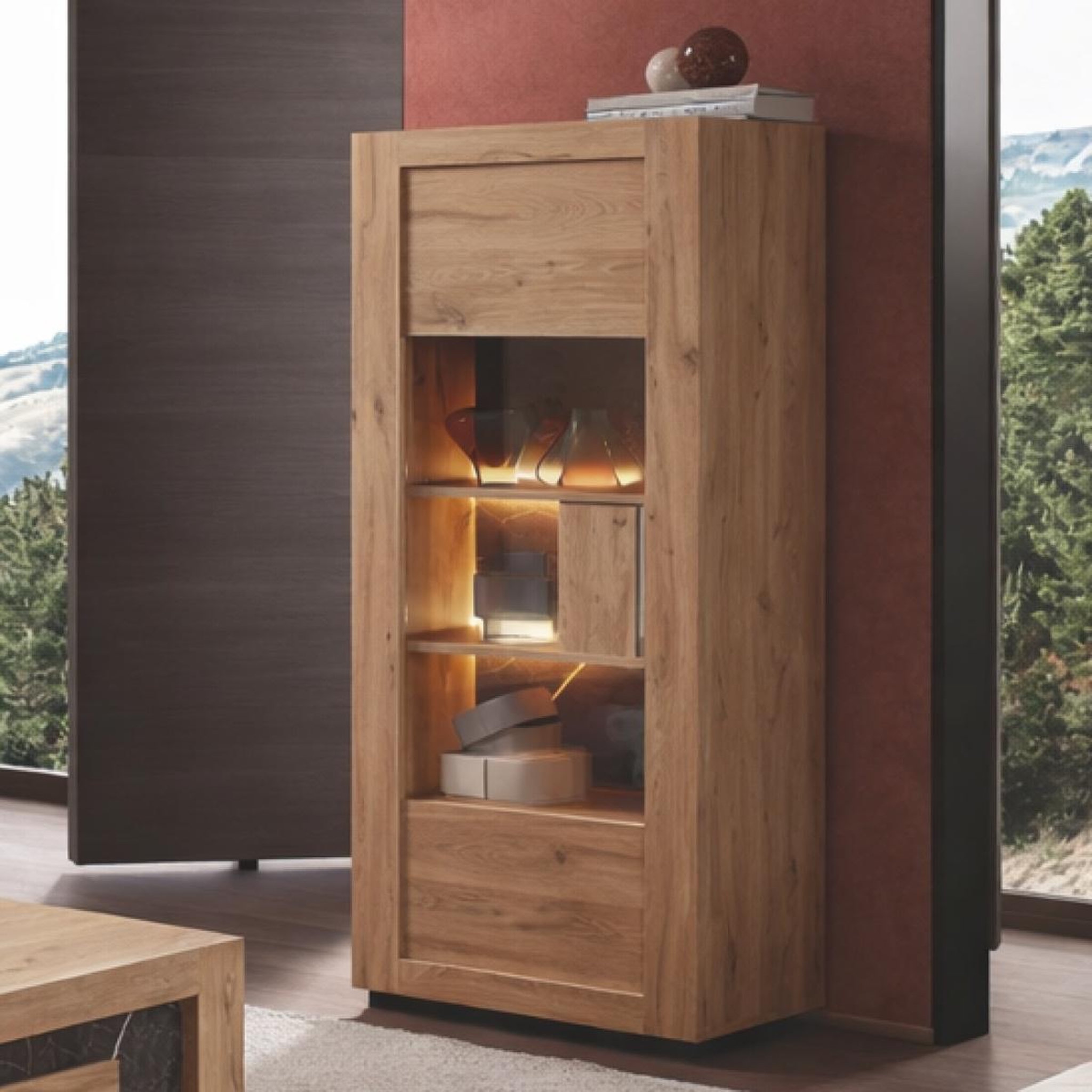 Voir la diapositive 2 : JLC KREATION Vitrine moderne en bois 1 porte vitrée et led racha
