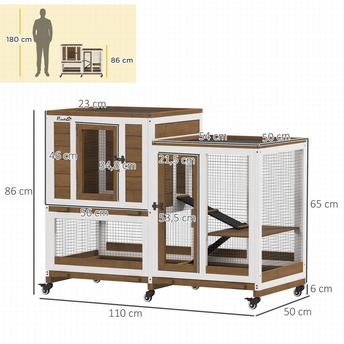 PAWHUT Clapier à lapin sur roulettes cage à lapin 3 niveaux 2 portes verrouillables 3 plateaux coulissants rampes bois sapin acier marron blanc