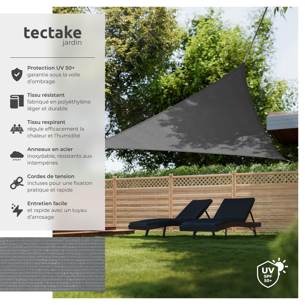 tectake Voile d'ombrage triangulaire triangulaire avec une protection UV 50+ gris 5 x 5 x 5 m